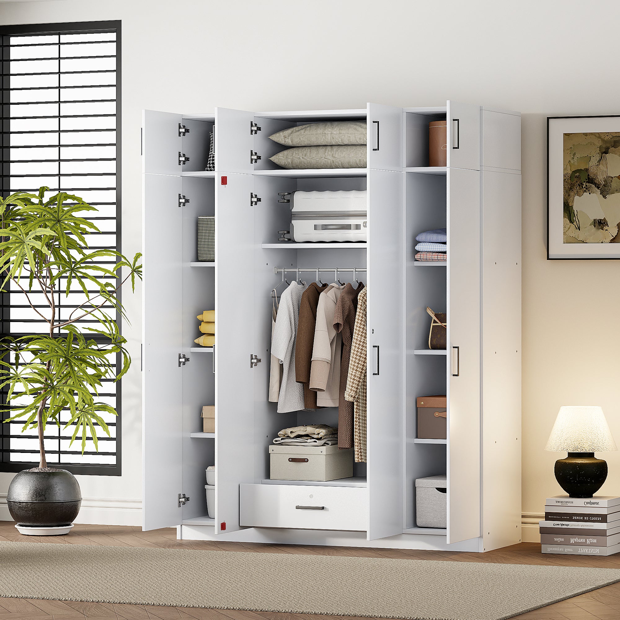 4-Door Wardrobe with 1 Drawer and Top Cabinet , White