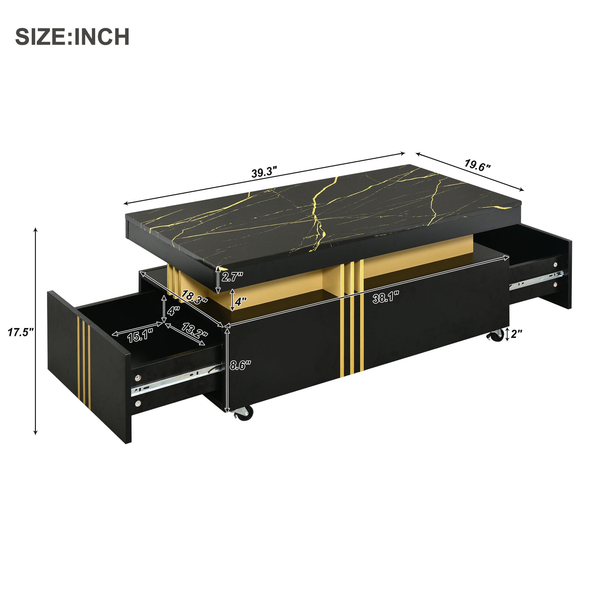 [VIDEO provided] ON-TREND Contemporary Coffee Table with Faux Marble Top, Rectangle Cocktail Table with Caster Wheels, Moderate Luxury Center Table with Gold Metal Bars for Living Room, Black - Abrihome