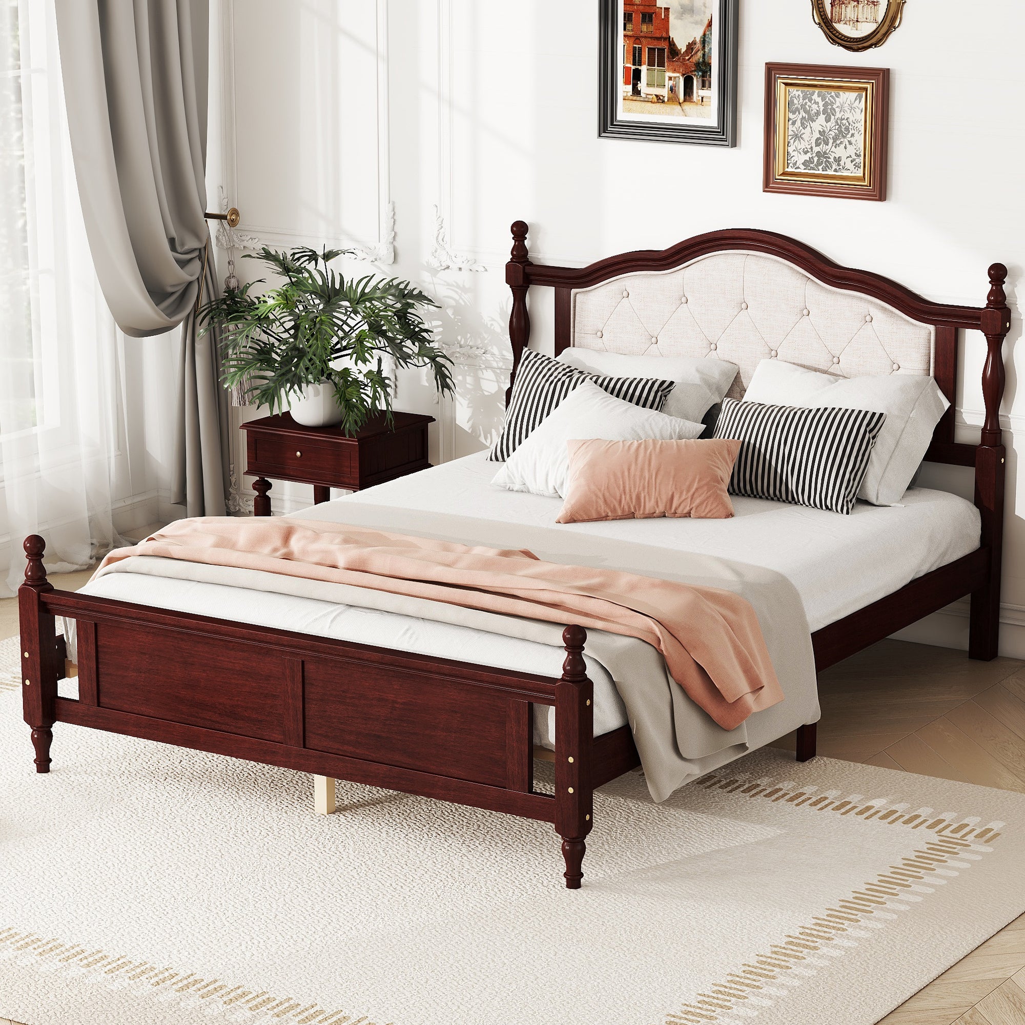 Queen Pine wooden Bed with Upholstered Headboard  and Panel Footboard, with  Two Bed Rail Support Feet and Central Platform Support Feet ,Classic Cherry - Abrihome