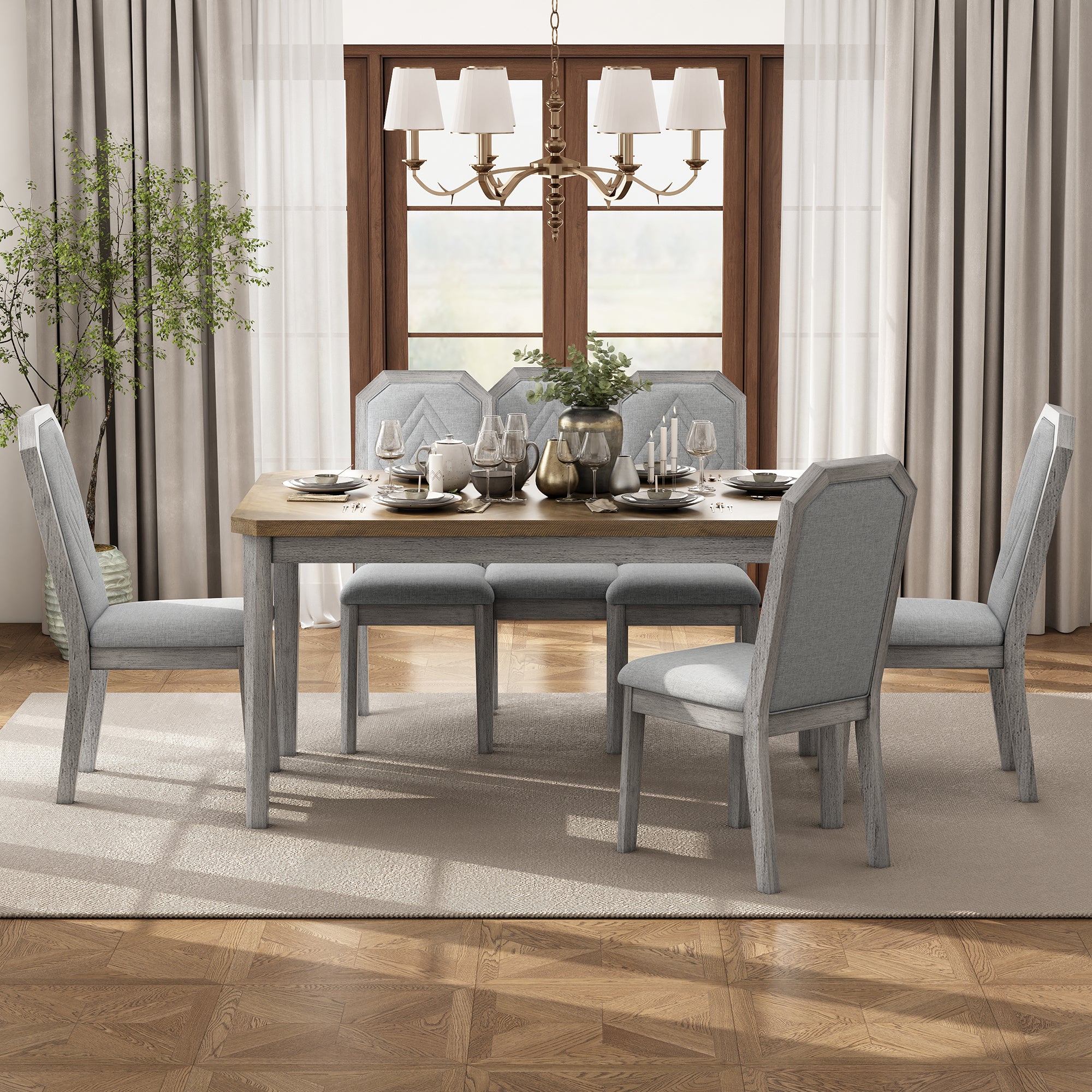 TREXM 7-Piece Farmhouse Dining Set Classic Rustic Table and 6 high-back design Chairs for Dining Room, Kitchen (Brown+Gray)