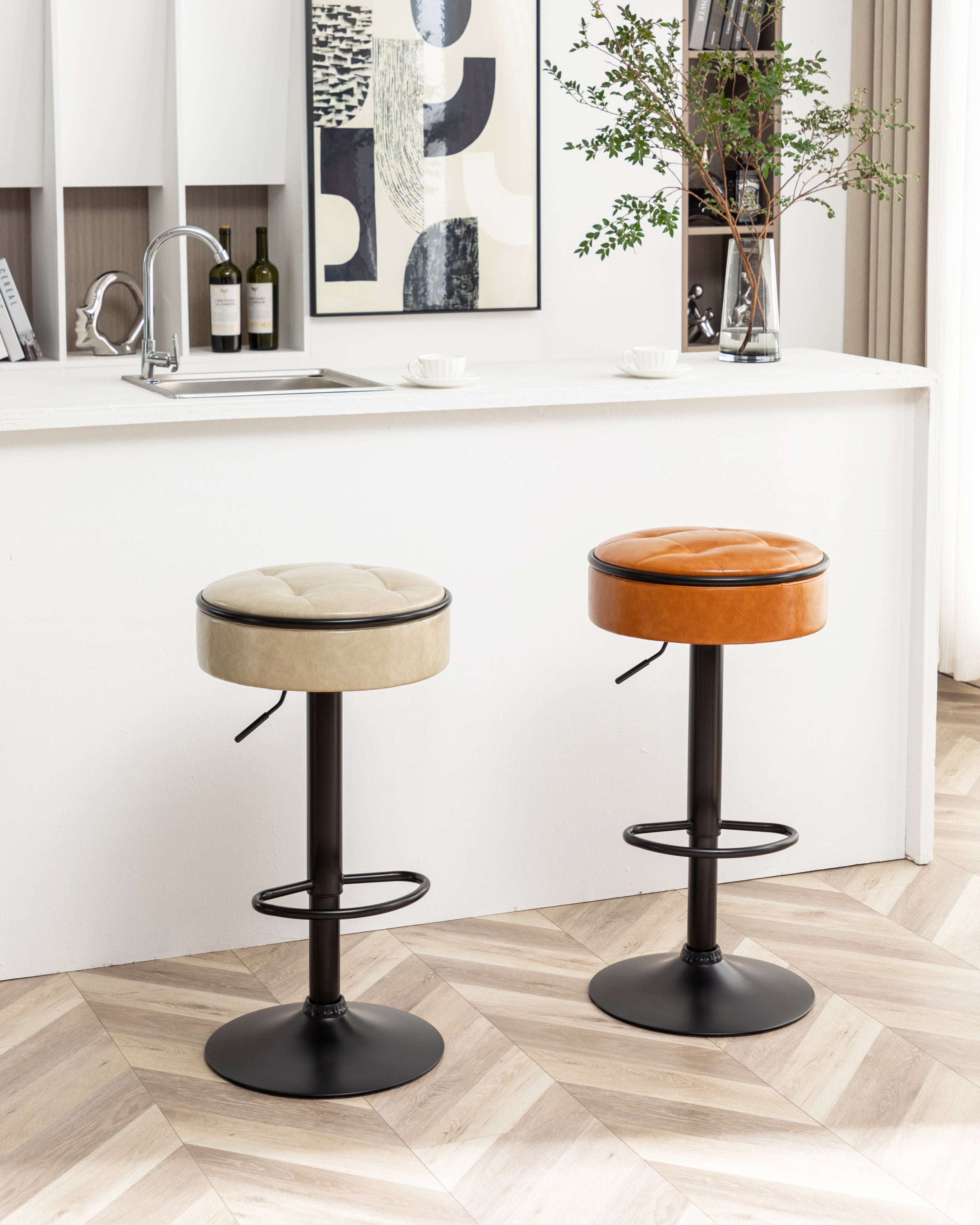 Round Storage Bar Stool Set of 2, Khaki Faux Leather Height Adjustable Barstool, 360°Counter Height Swivel Stool, Armless Bar Chair with Metal Frame for Kitchen Counter Dining Living Room