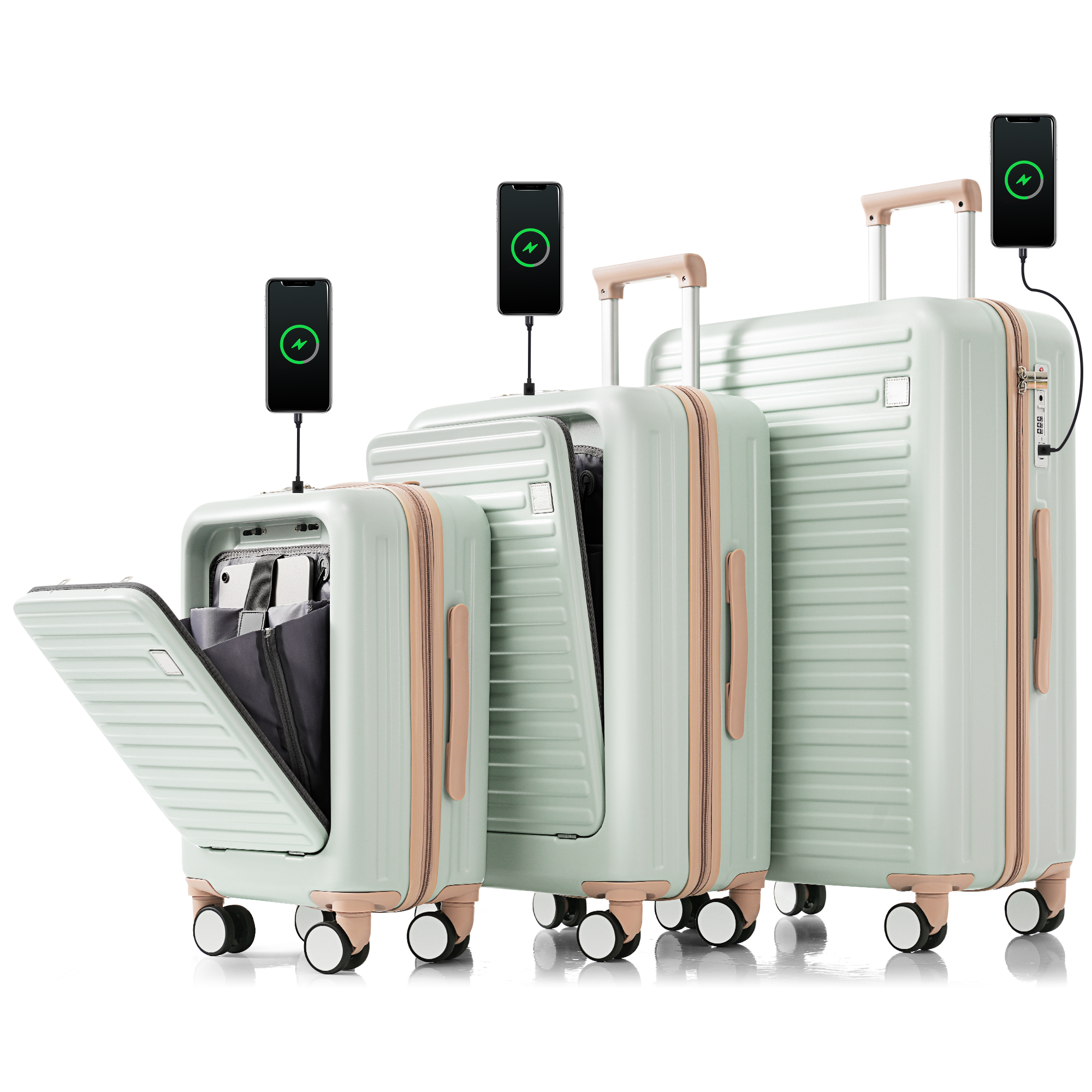 Luggage Set of 3, 20, 24, 28inch with USB Port, 20, 24inch with front opening design Airline Certified Carry on Luggage with Cup Holder, ABS Hard Shell Luggage with Spinner Wheels, grey green