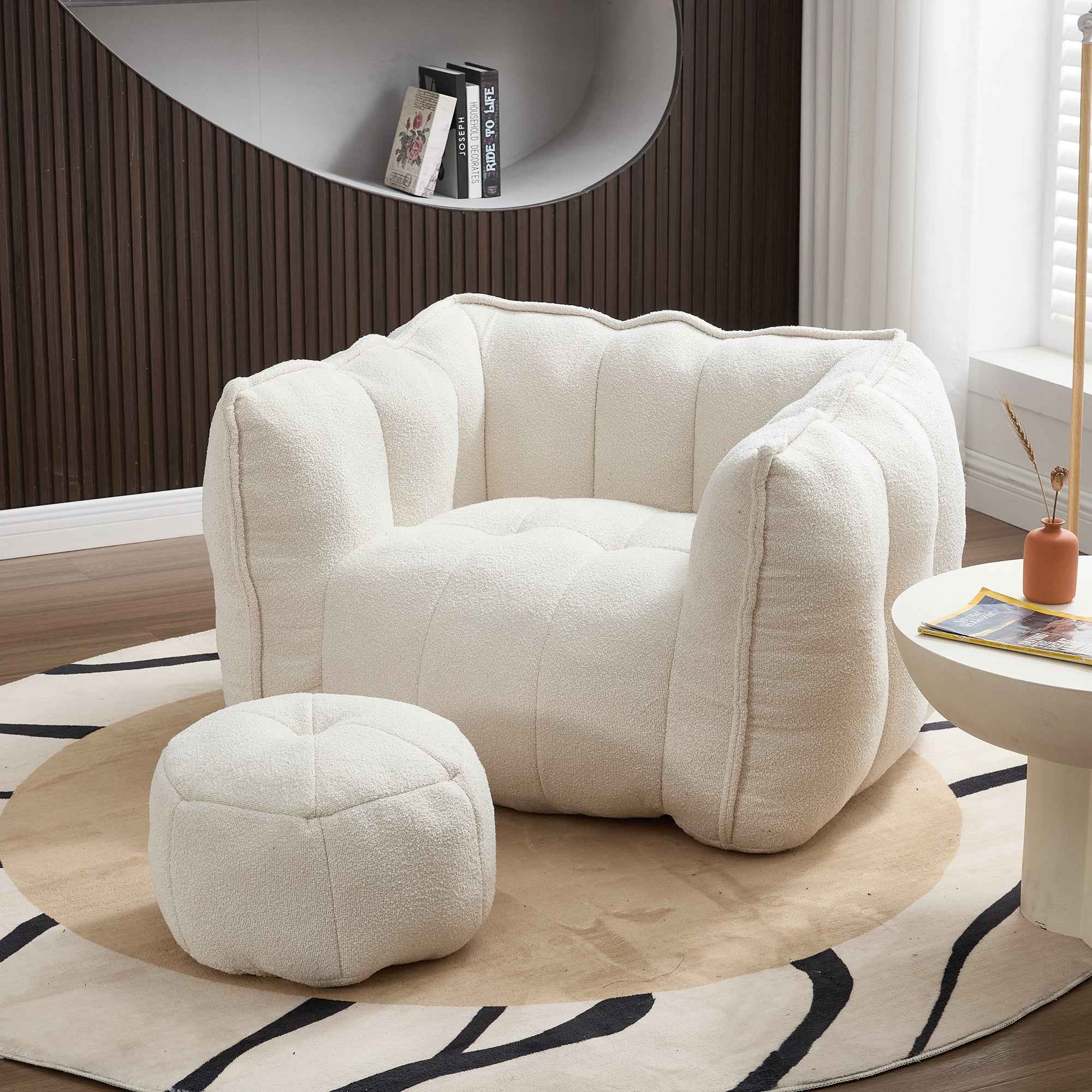 Soft Chenille Bean Bag Chair with High Resilient Foam for Living Room and Bedroom, Comfortable Square Lazy Sofa with Footstool for Adults