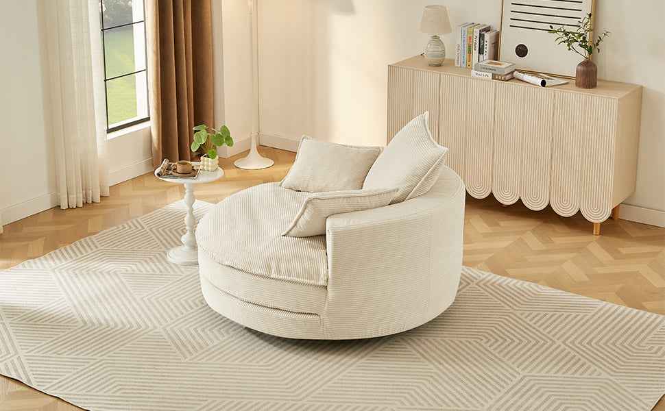 Accent Barrel Chair 360° Swivel Sofa Chair with Dual-layer Cushion and 3 Removable Pillows, Beige Corduroy, 57.5'