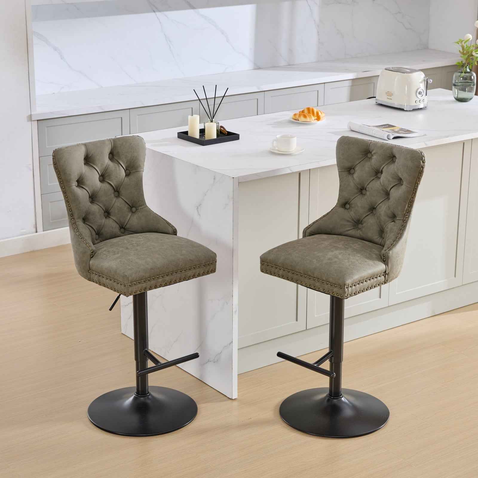 A&A Furniture,Aged and Retro PU Swivel Barstools Adjusatble Seat Height from 26-33 Inch, Modern Bar Stools with Backs Comfortable Tufted for Home Pub and Kitchen Island (Olive Green,Set of 2)