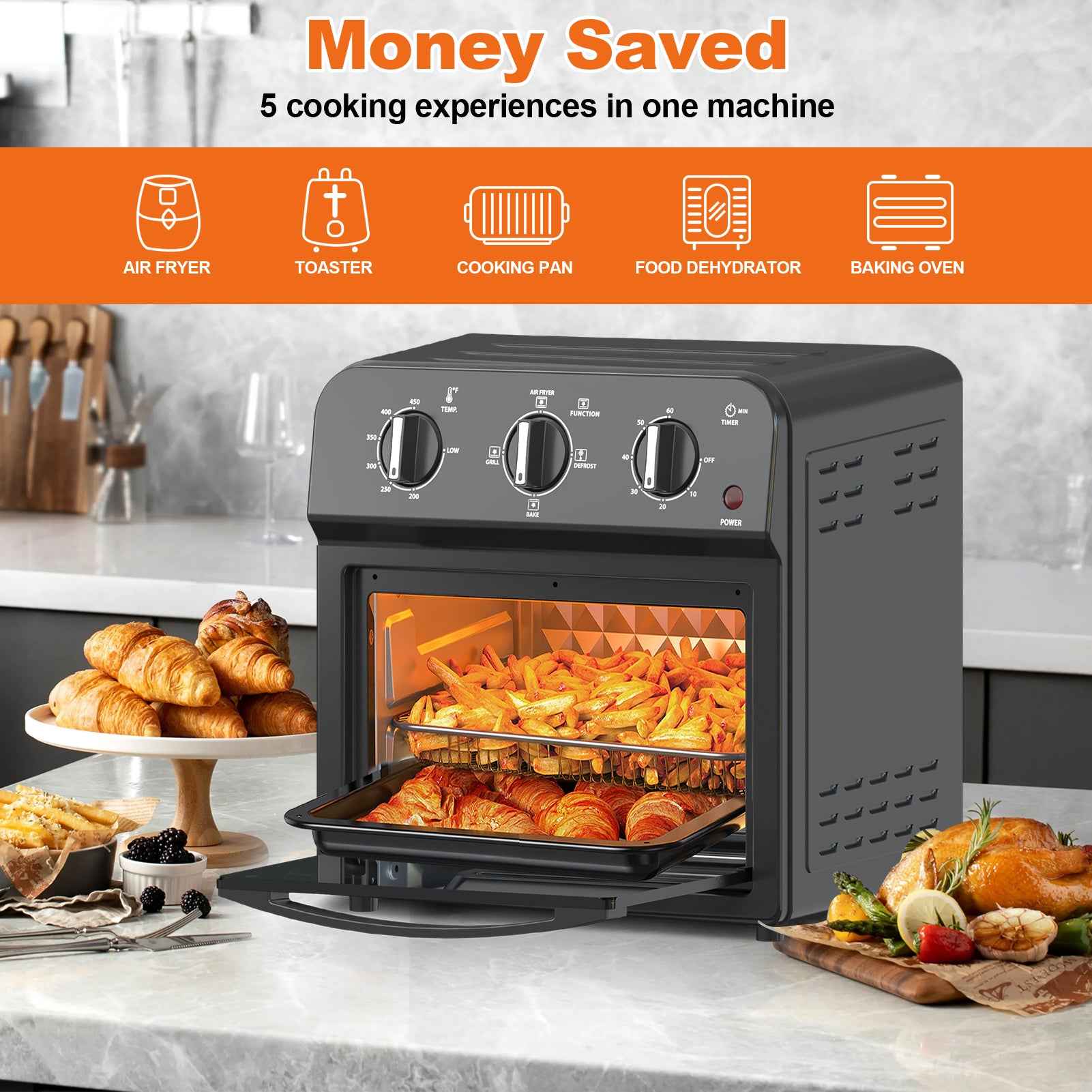 Family Size Air Fryer Toaster Oven Combo,13QT,360° Hot Air Circulation for Healthy Oil-Free Cooking, Multifunctional Convection Contertop Oven, Adjustable Time & Temp Control