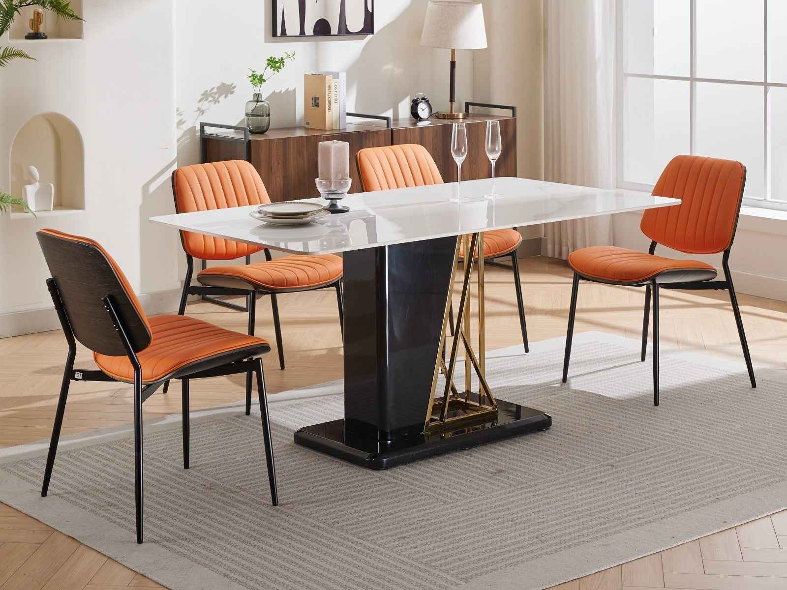 A&A Furniture, Dining Chairs Set of 2 Mid Century Modern Retro Faux Leather Chair with Walnut Bentwood Back Upholstered Seat Metal Legs Adjustable Foot for Kitchen Dining Room Chairs(Orange  PU)
