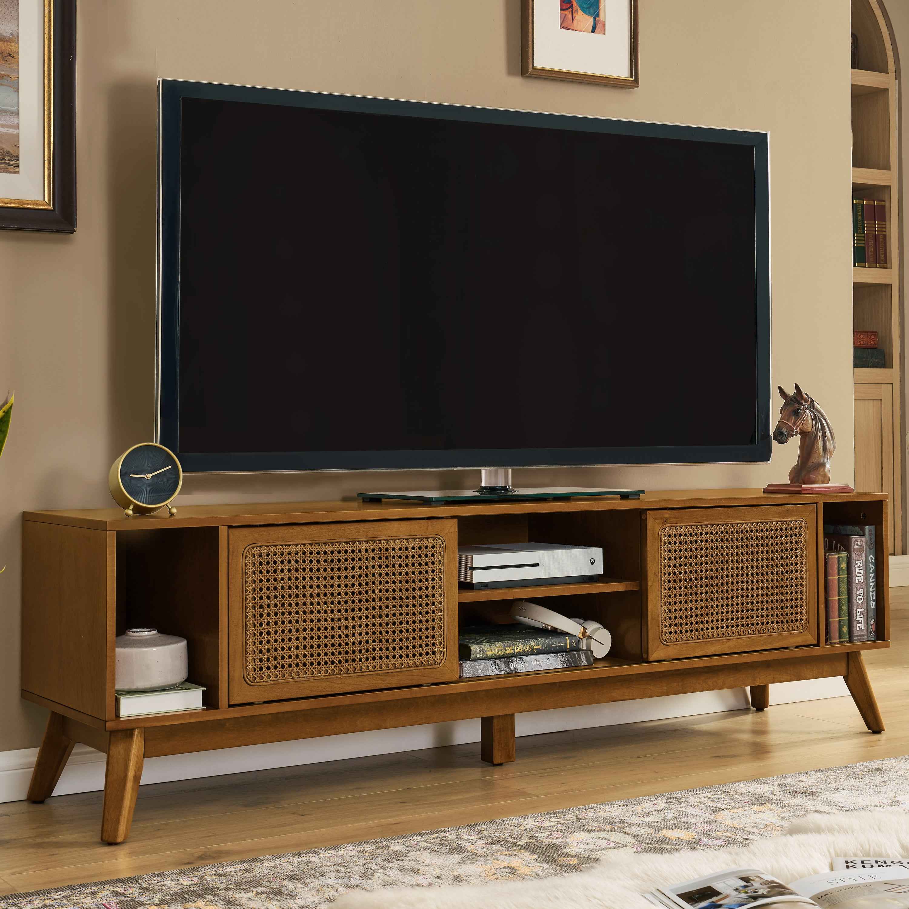 67.9 Inch Mid Century Modern Rattan TV Stand for TVs up to 75', Entertainment Cabinet, Media Console for Living Room Media Room, Solid Wood Feet & Rattan Cabinet Doors - Light Walnut