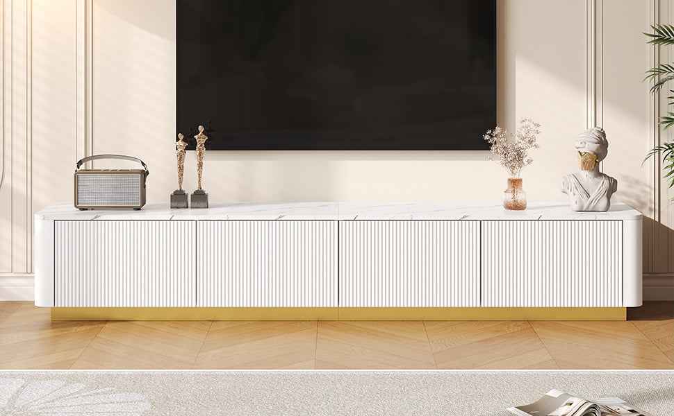 ON-TREND Luxury Fluted TV Stand for TVs Up to 85', Faux Marble Tabletop Media Console with 4 Drawers, Curved Profile Design, Modern Entertainment Center with Gold Base for Living Room, White