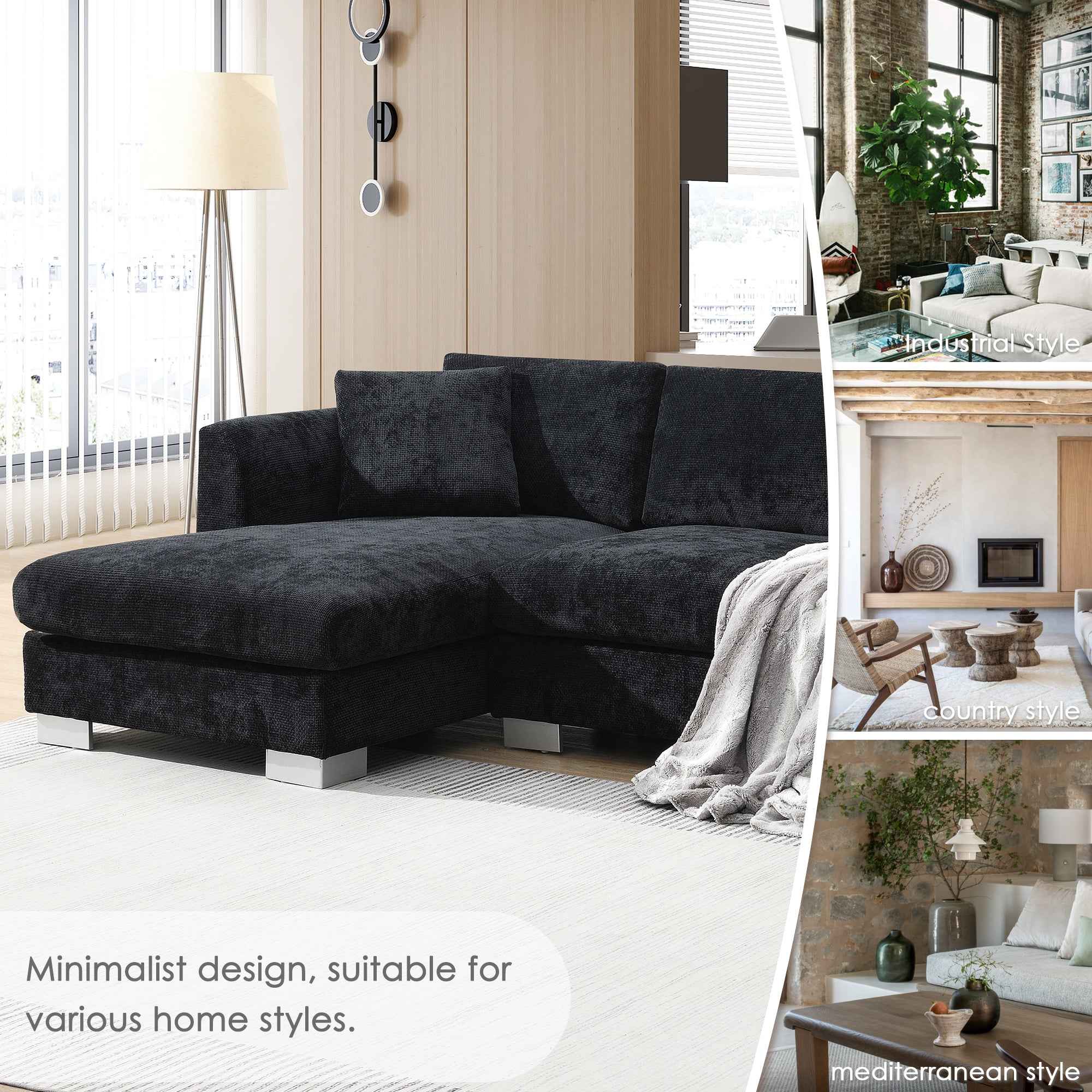 Modern Cloud L-Shaped Sectional Sofa with Chaise, Chenille Fabric, 3 Colors, 96*56 inches