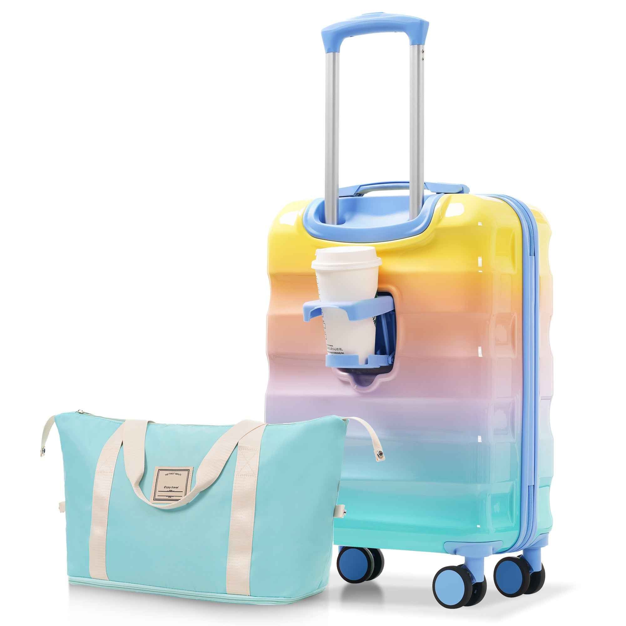 20' Carry-on Luggage with Cup Holder – Lightweight Glossy Hardshell Suitcases with Spinner Wheels, TSA Lock, Airline Approved, 2 Piece Set