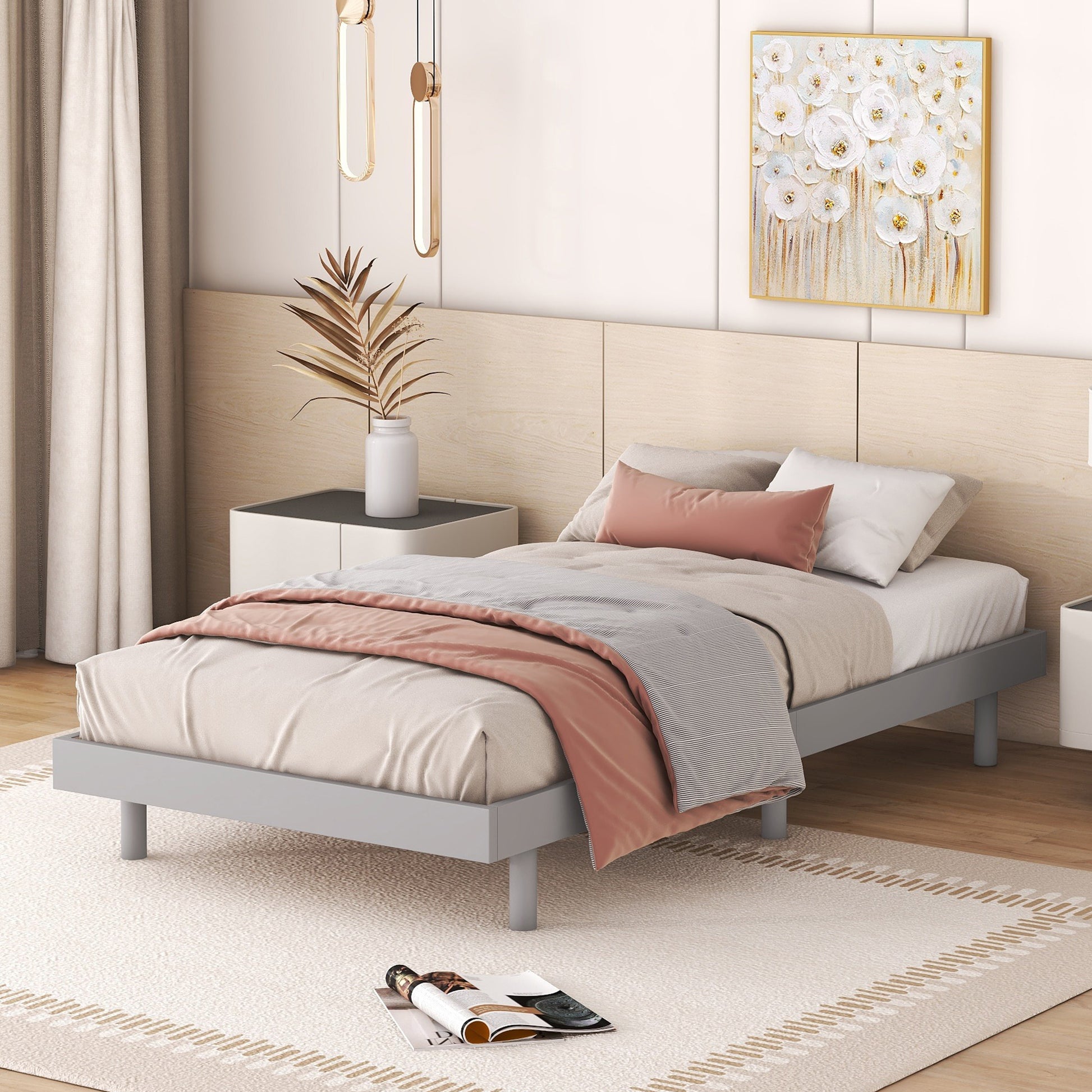 Modern Design Twin Size Floating Platform Bed Frame for Grey Color - Abrihome