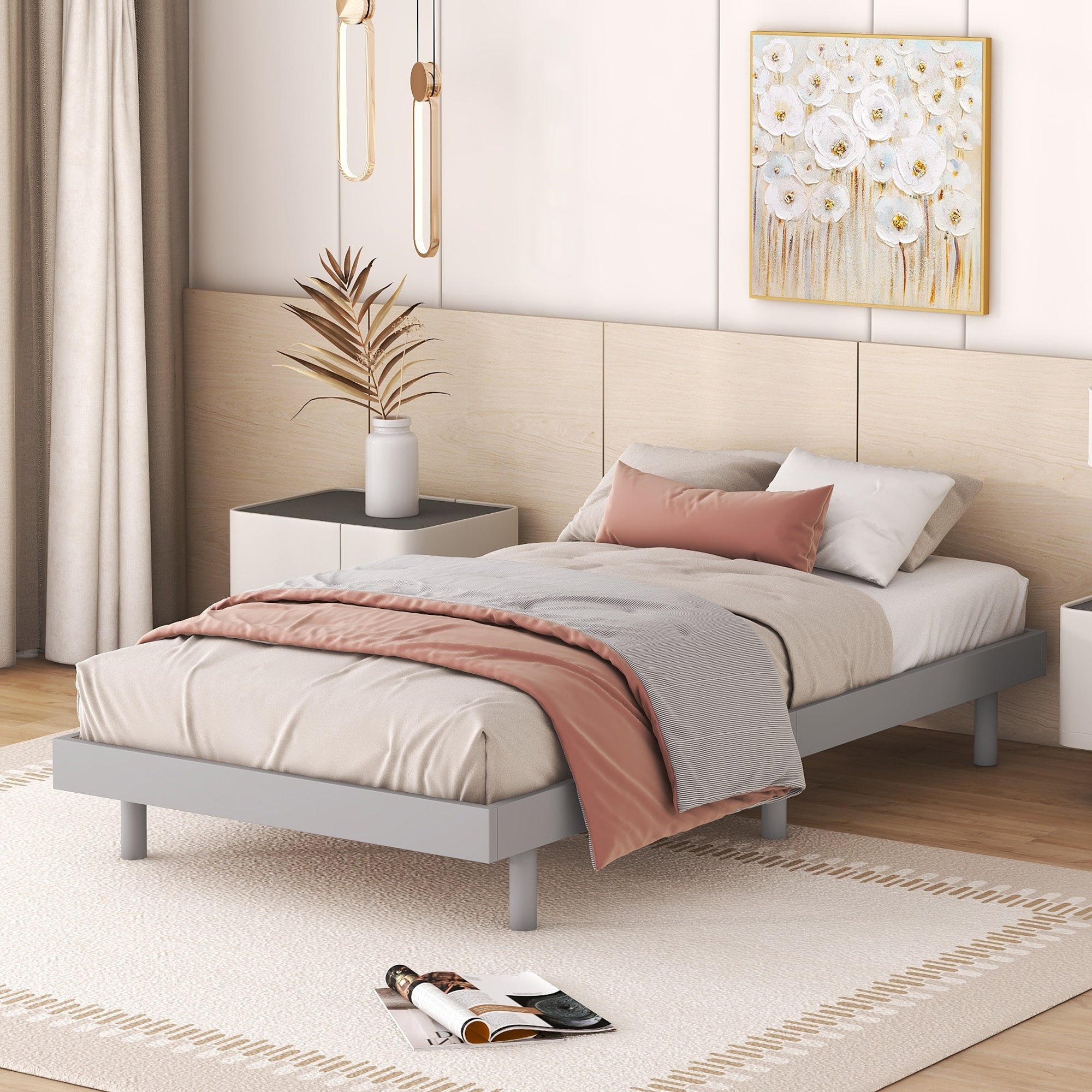 Modern Design Twin Size Floating Platform Bed Frame for Grey Color - Abrihome