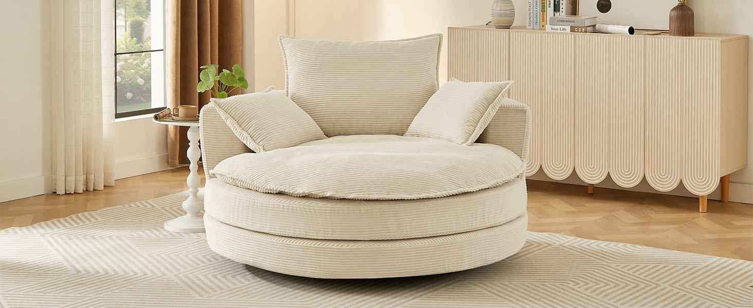Accent Barrel Chair 360° Swivel Sofa Chair with Dual-layer Cushion and 3 Removable Pillows, Beige Corduroy, 57.5'