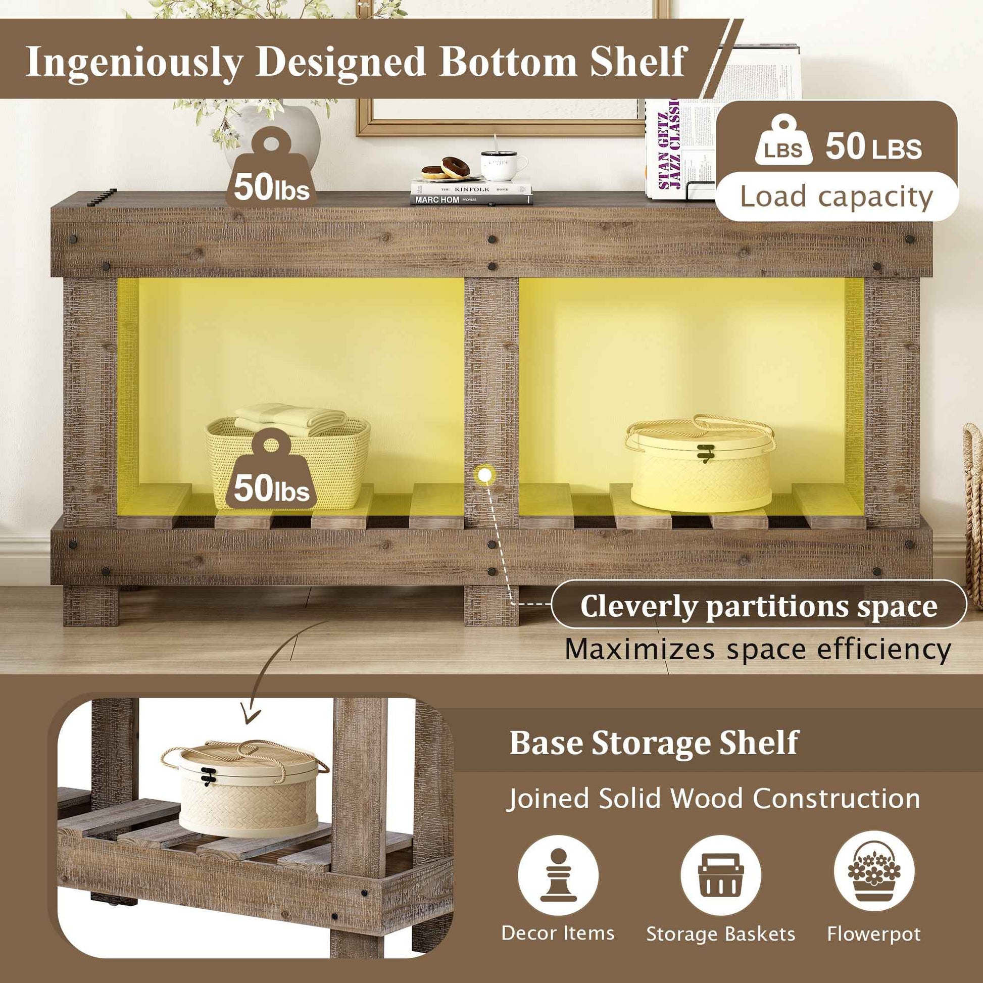 U_Style 62.9' Vintage Entryway Table - Fir Solid Wood with Natural Grain, 6 Reinforced Legs & 4.5' Thick Desktop, Metal Rivet Decor & Plank Under-Shelf, Console Table for Hallway, Living Room