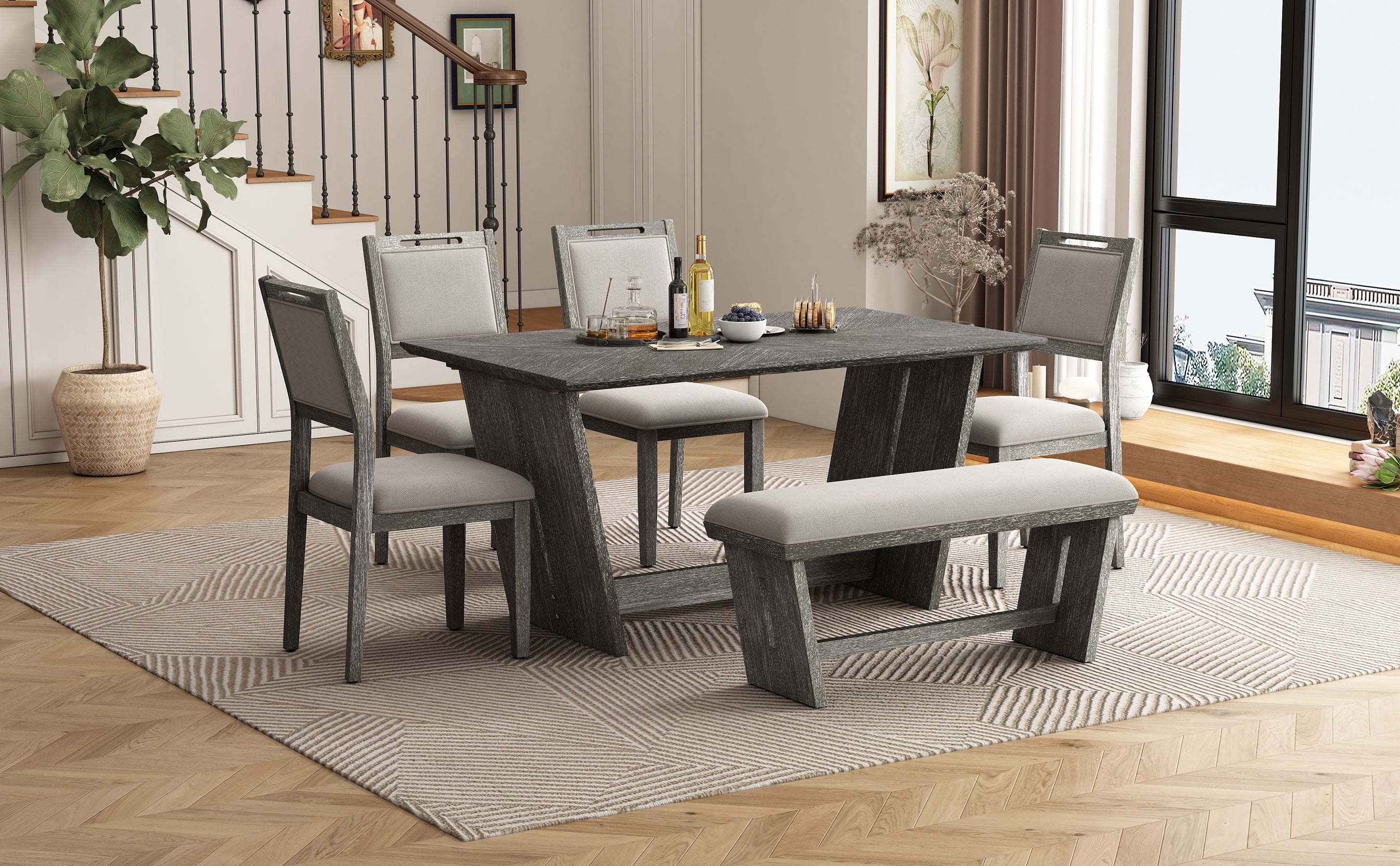 TREXM 6-Piece Retro Dining Set, 1 Rectangular Table with Stable Trapezoidal Table Base and 4 Upholstered Chairs and 1 Bench for Dining Room and Kitchen (Gray)