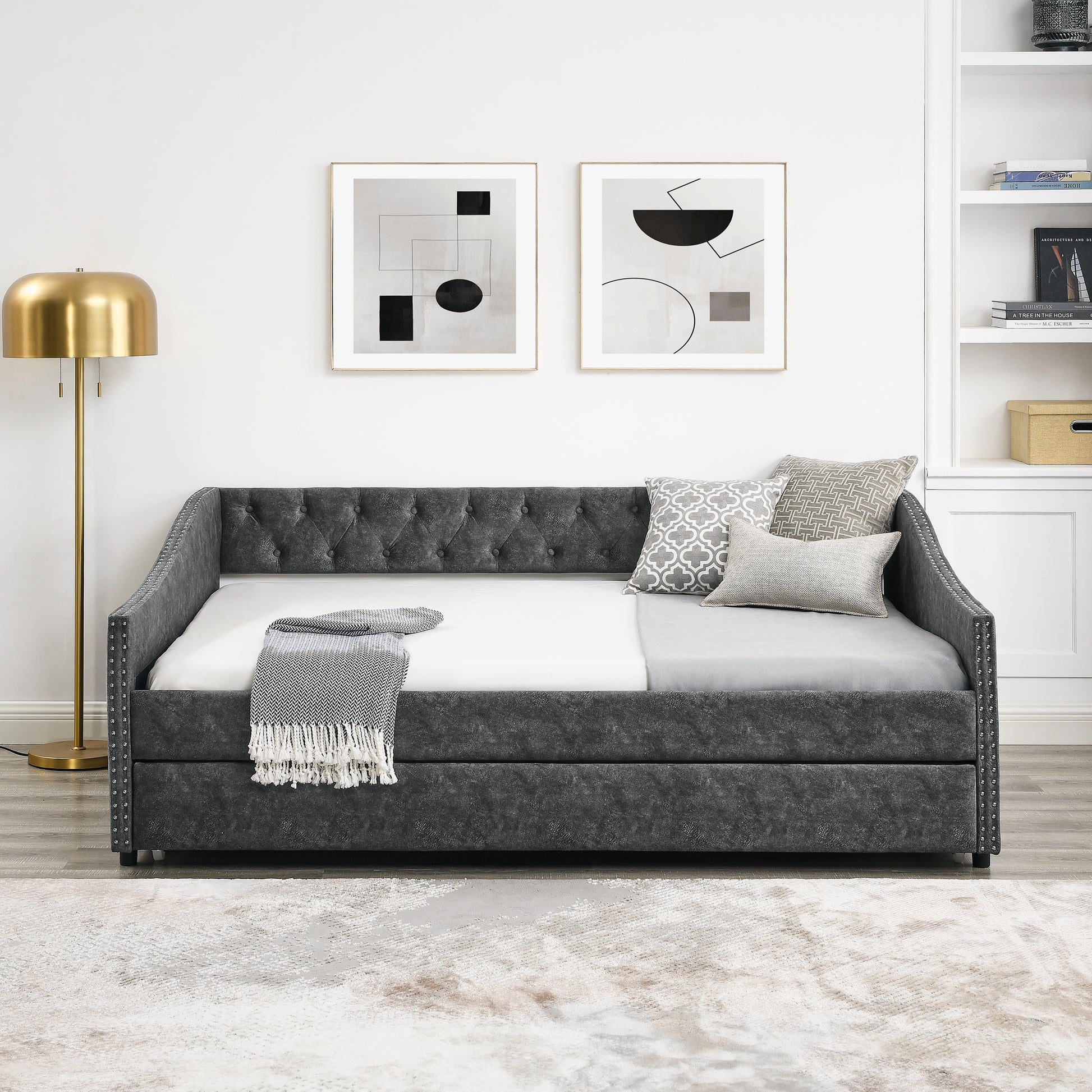 Full Size Daybed with Twin Size Trundle Upholstered Tufted Sofa Bed, with Button on Back and Copper Nail on Waved Shape Arms,Grey (80.5"x55.5"x27.5") - Abrihome