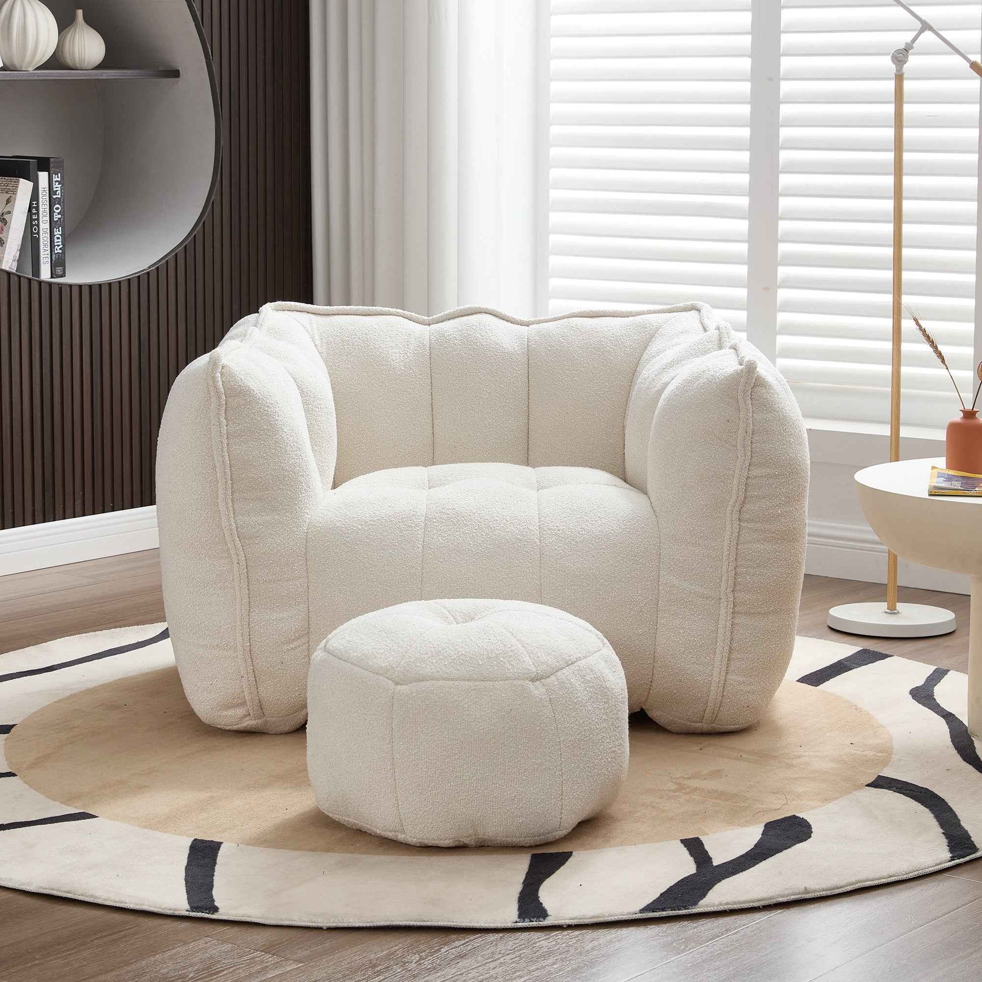 Soft Chenille Bean Bag Chair with High Resilient Foam for Living Room and Bedroom, Comfortable Square Lazy Sofa with Footstool for Adults