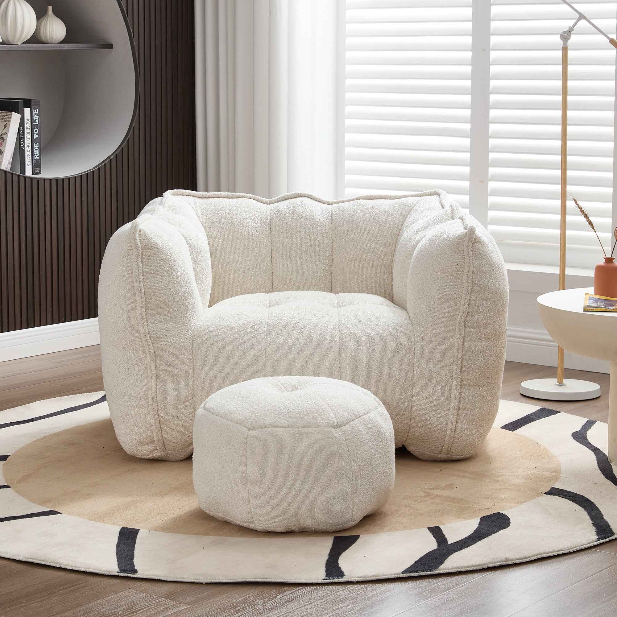 Soft Chenille Bean Bag Chair with High Resilient Foam for Living Room and Bedroom, Comfortable Square Lazy Sofa with Footstool for Adults