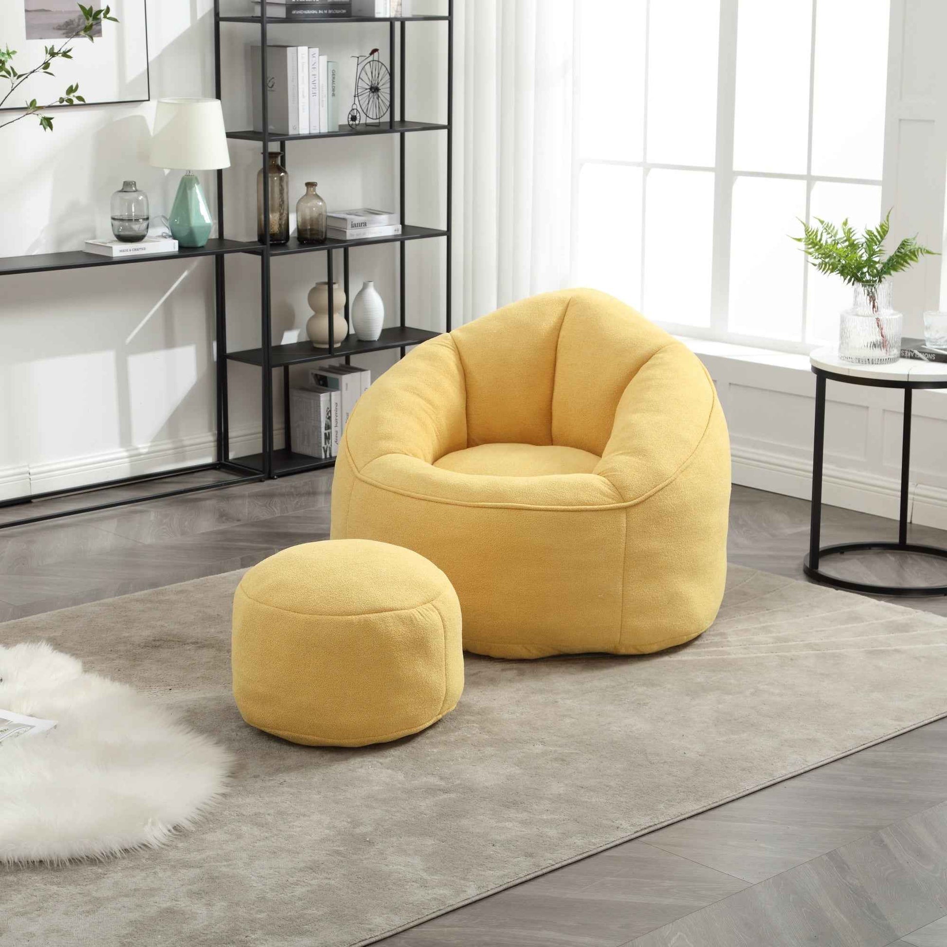 Bedding Bean Bag Sofa Chair with High-Pressure Foam and Footrest, Yellow Microfiber