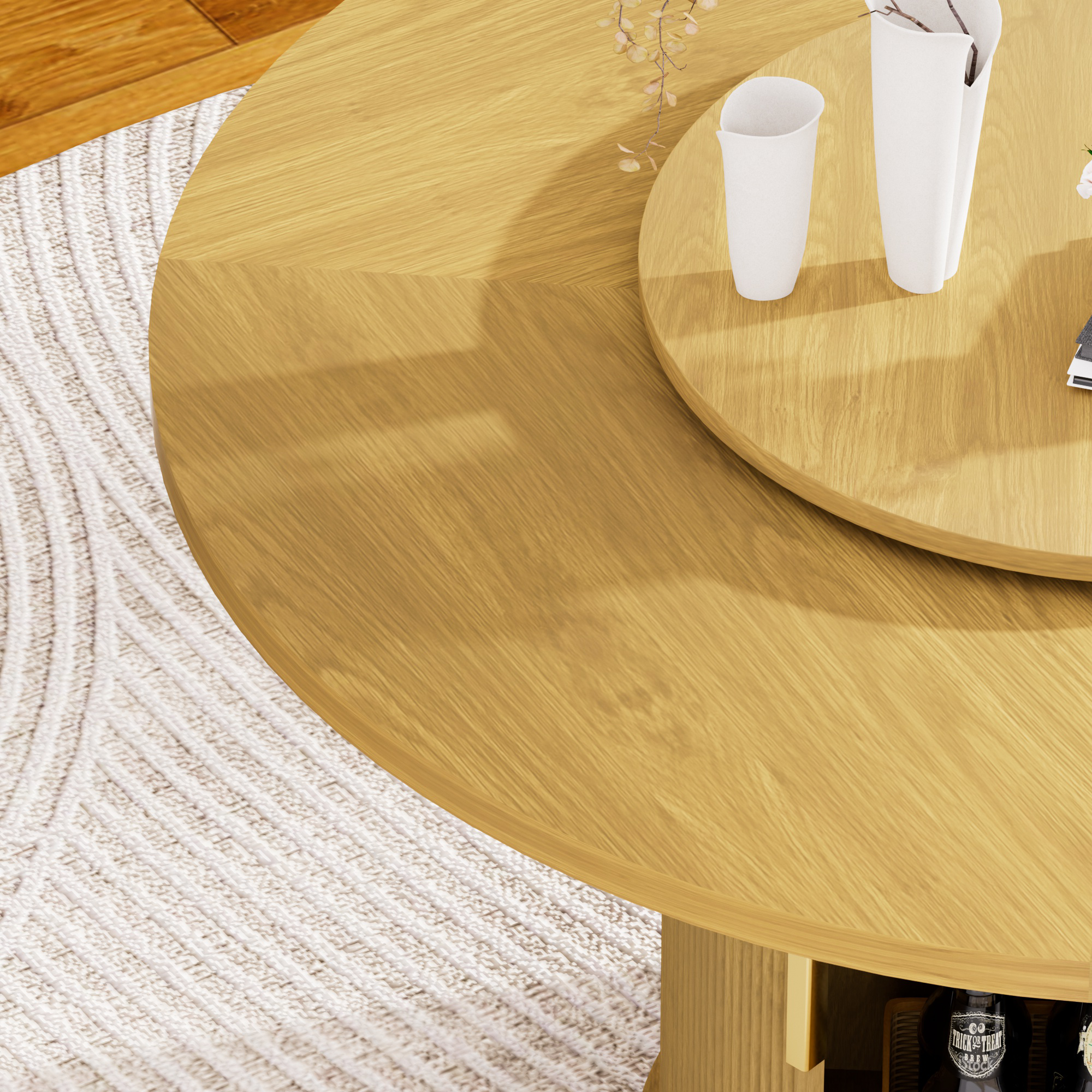 55-inch round dining table for six, featuring a double-tiered storage rack and a rotating tabletop tray. Wooden wavy-striped sliding doors. Ideal for home dining room living room (Natural).