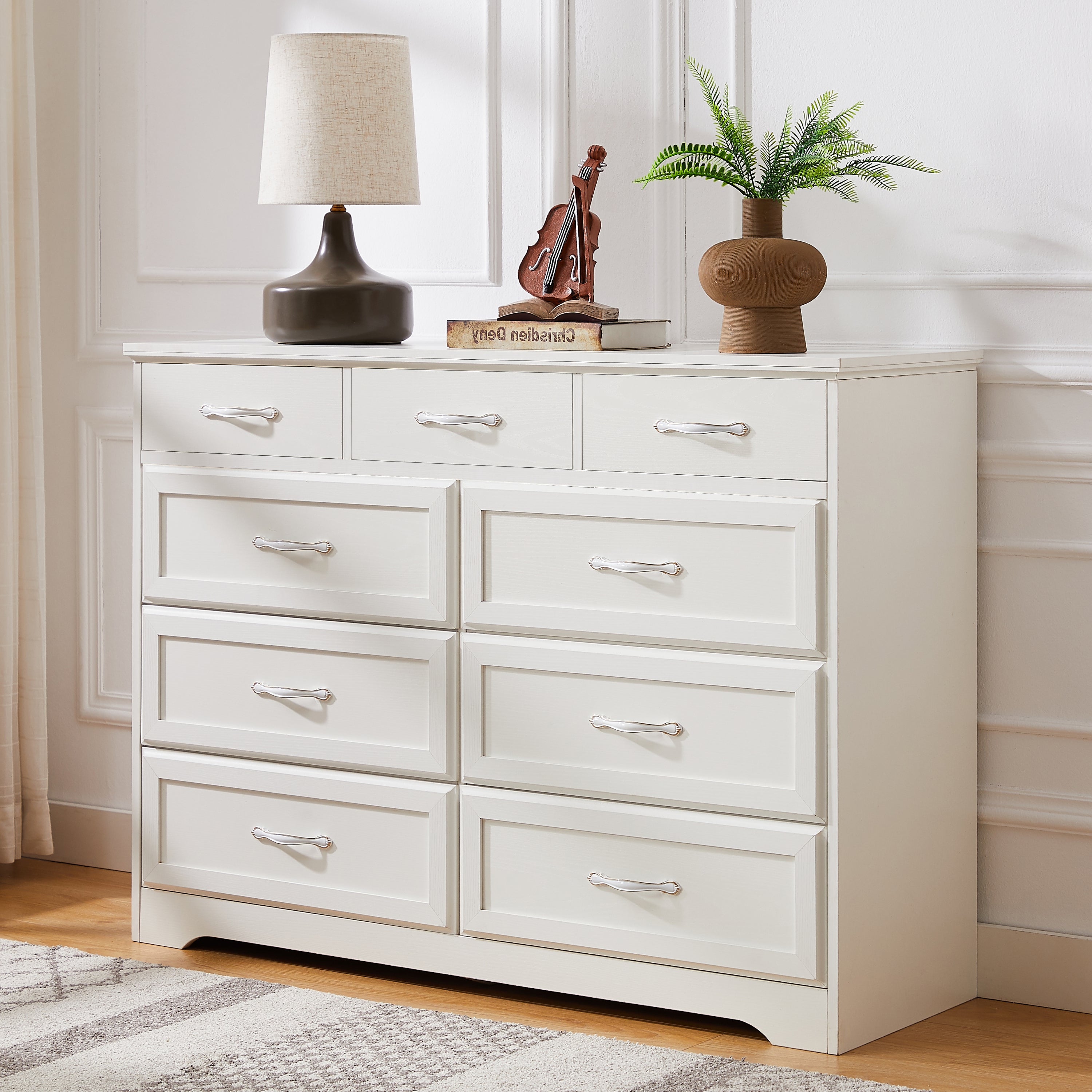 Bedroom dresser, 9 drawer long dresser with antique handles, wood chest of drawers for kids room, living room, entry and hallway, White, 47.56''W x 15.75''D x 34.45''H.