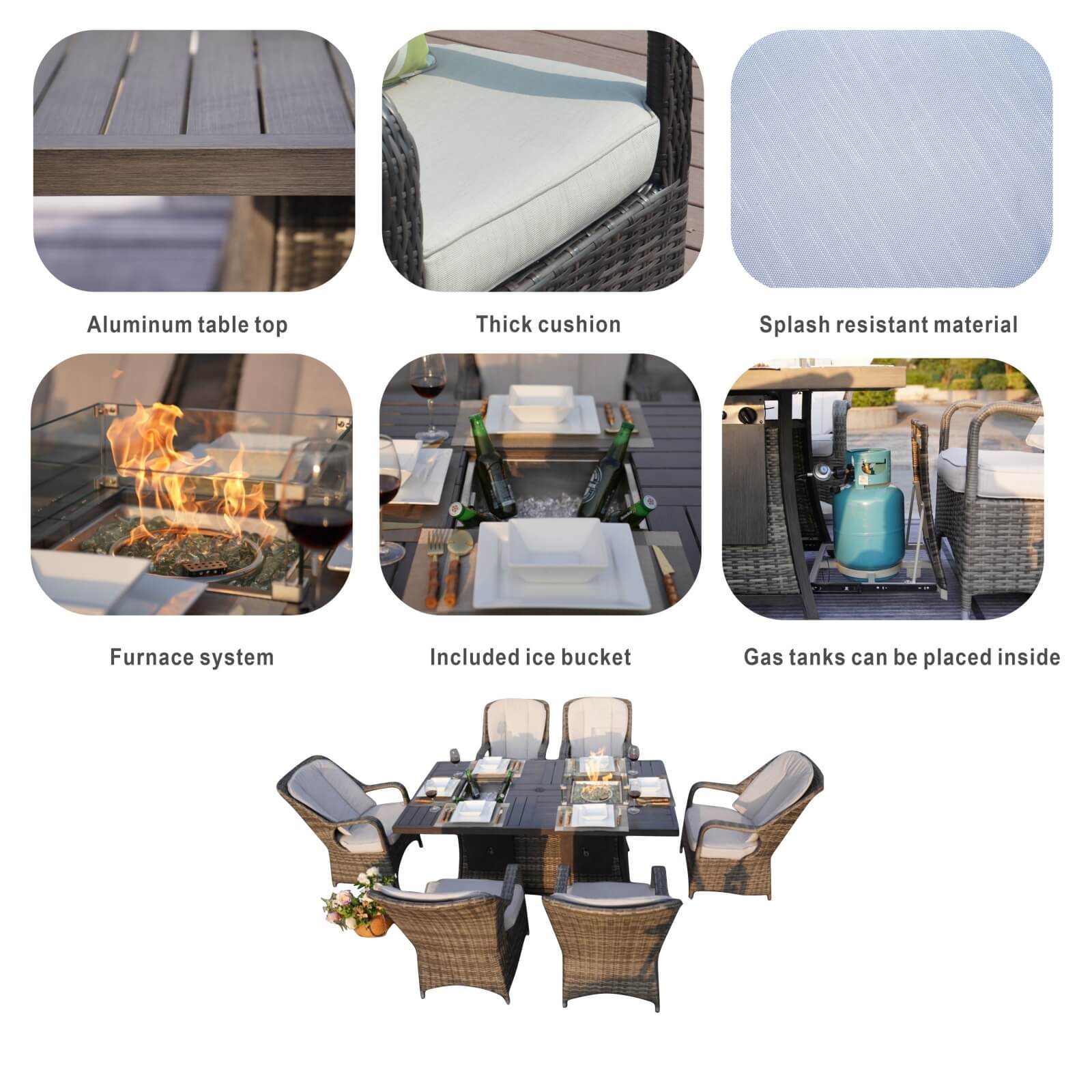 Outdoor 6-Seat Dining Set with Fire Pit Table and Ice Bucket(PAG-1106FI-SET) - Abrihome