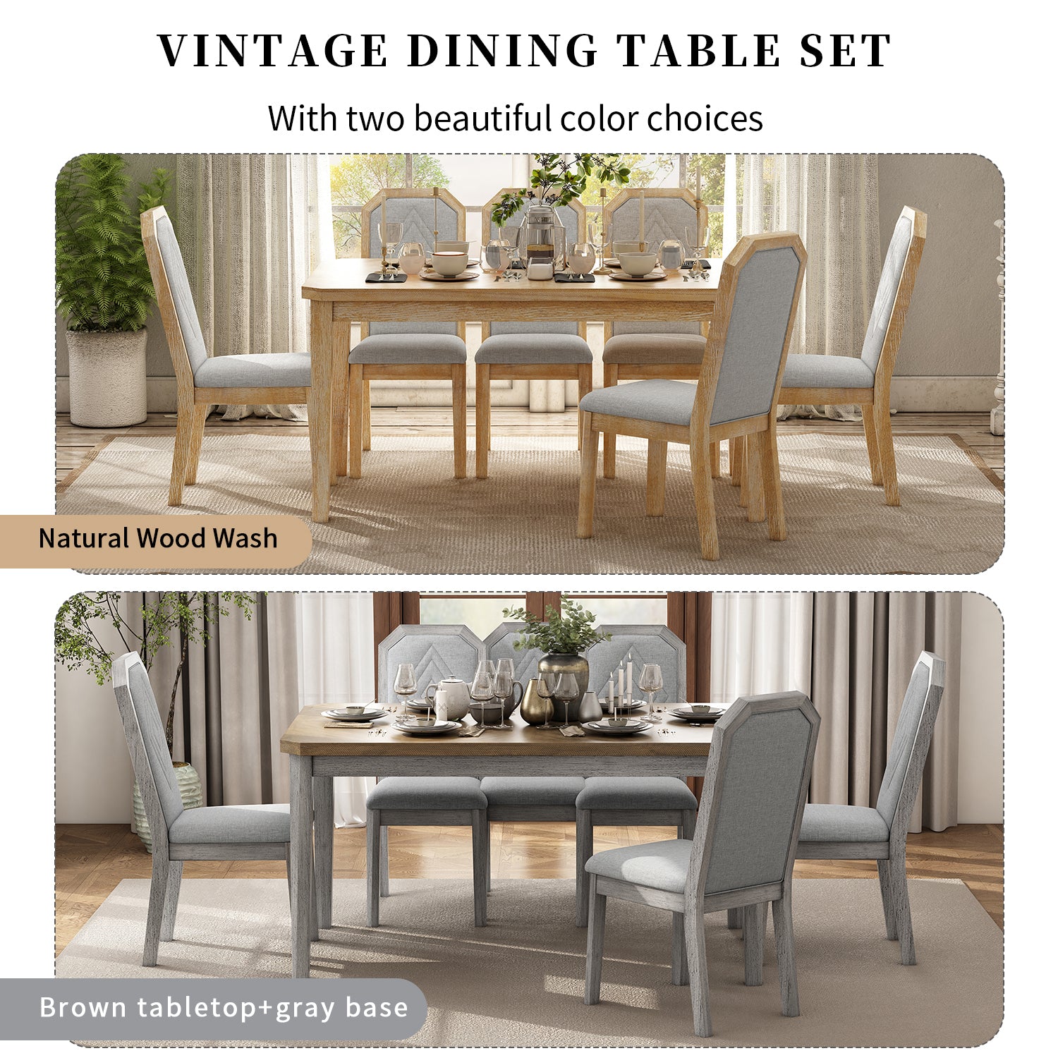 TREXM 7-Piece Farmhouse Dining Set Classic Rustic Table and 6 high-back design Chairs for Dining Room, Kitchen (Natural Wood Wash)