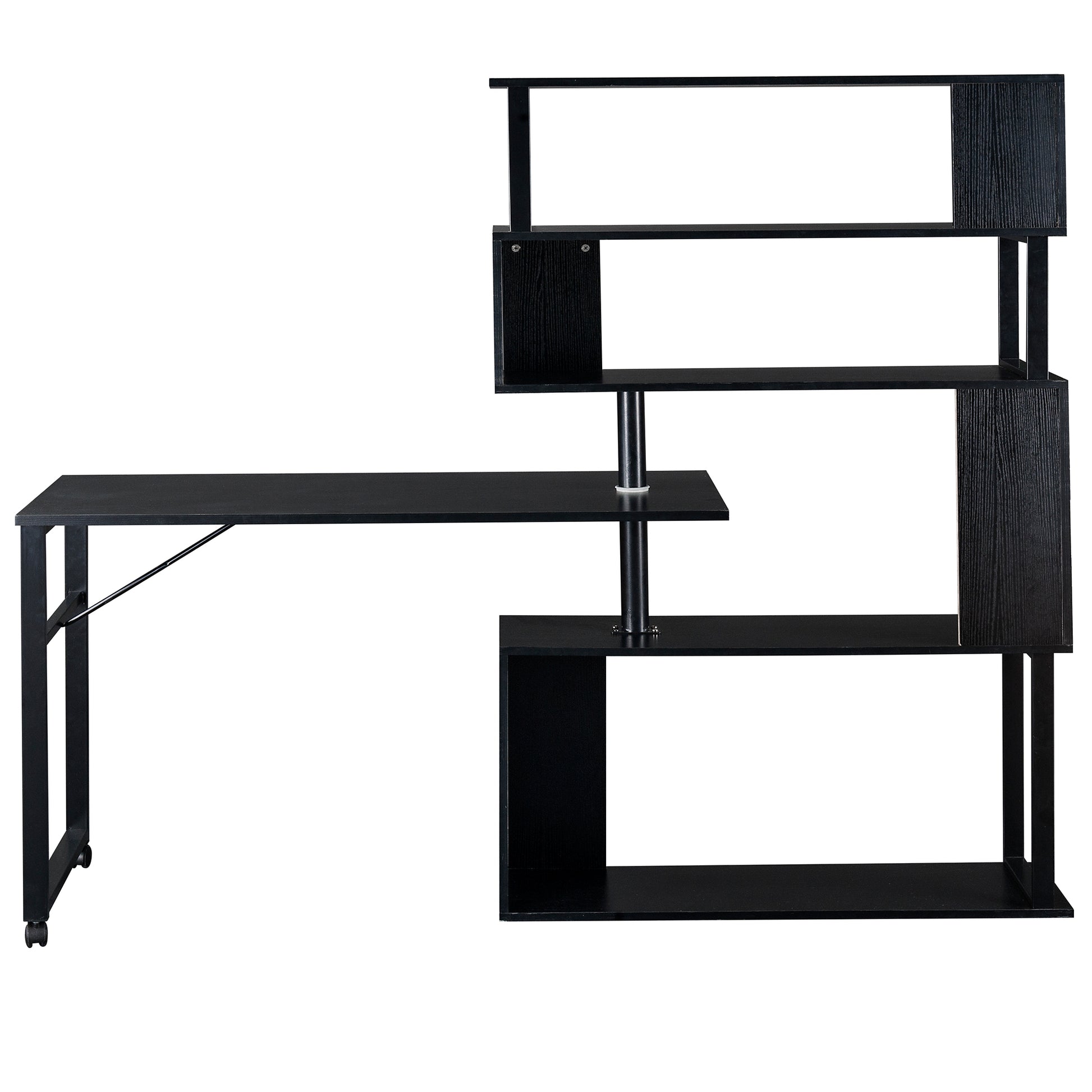 Home Office Computer Desk L-Shaped Corner Table, Rotating Computer Table with 5-Tier Bookshelf, Four Installation Methods, Lockable Casters (Black) - Abrihome