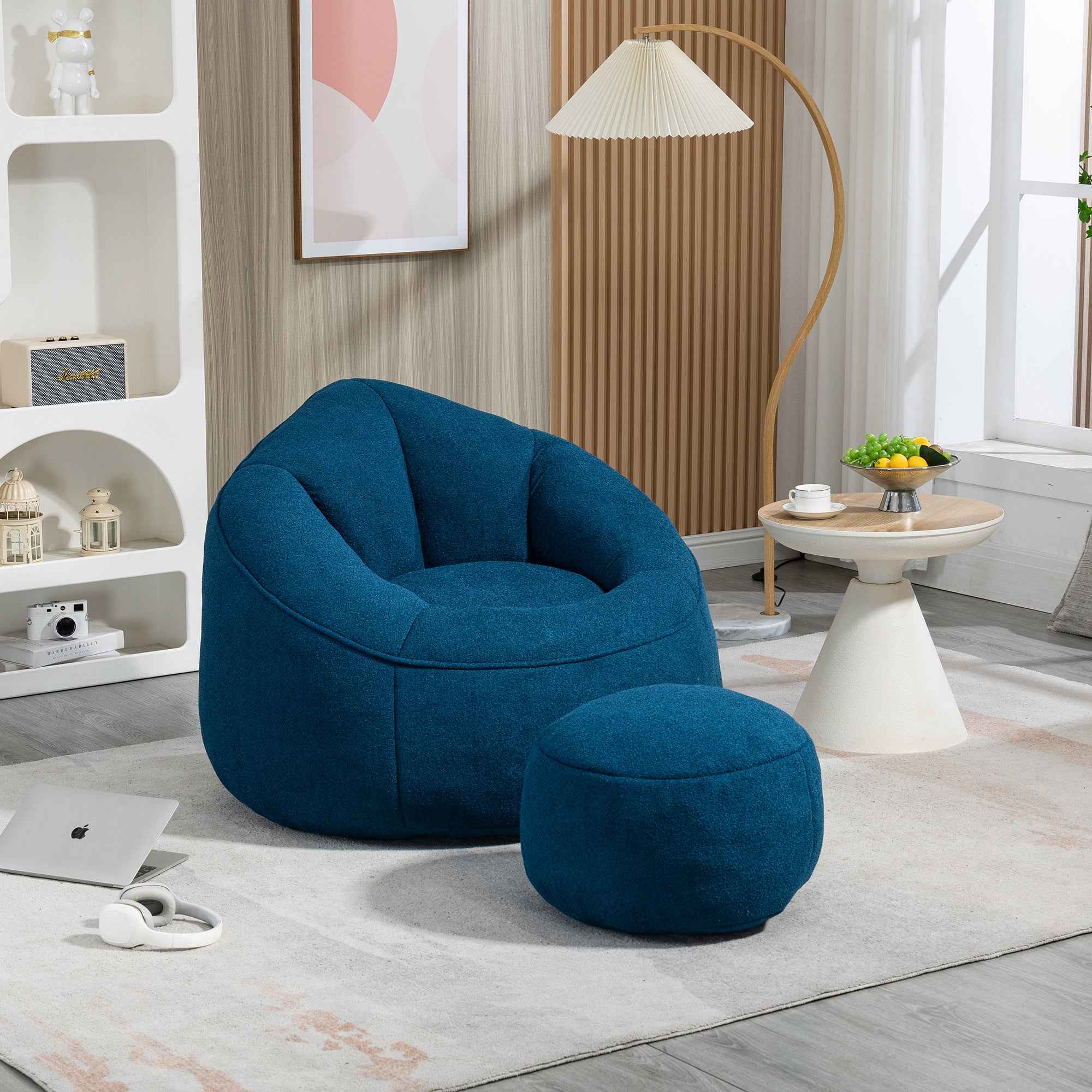 Bedding Bean Bag Sofa Chair with High-Pressure Foam and Footrest, Blue Microfiber