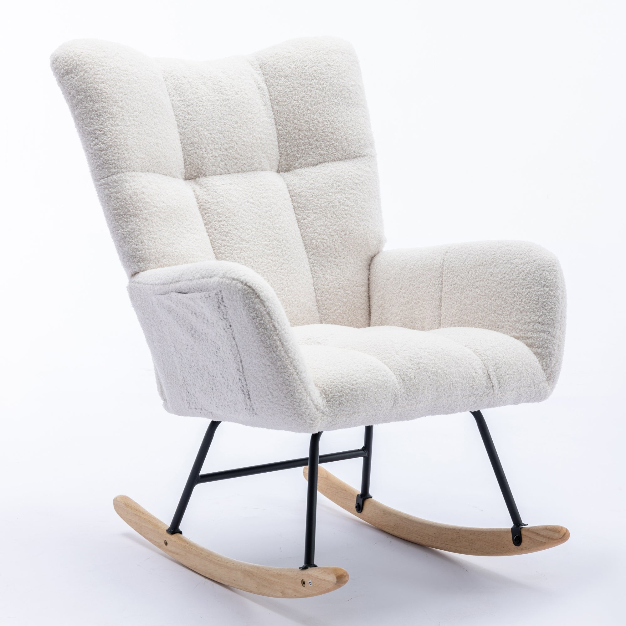 Rocking Chair with Pocket, Soft Teddy Fabric Rocking Chair for Nursery, Comfy Wingback Glider Rocker with Safe Solid Wood Base for Living Room Bedroom Balcony (white)