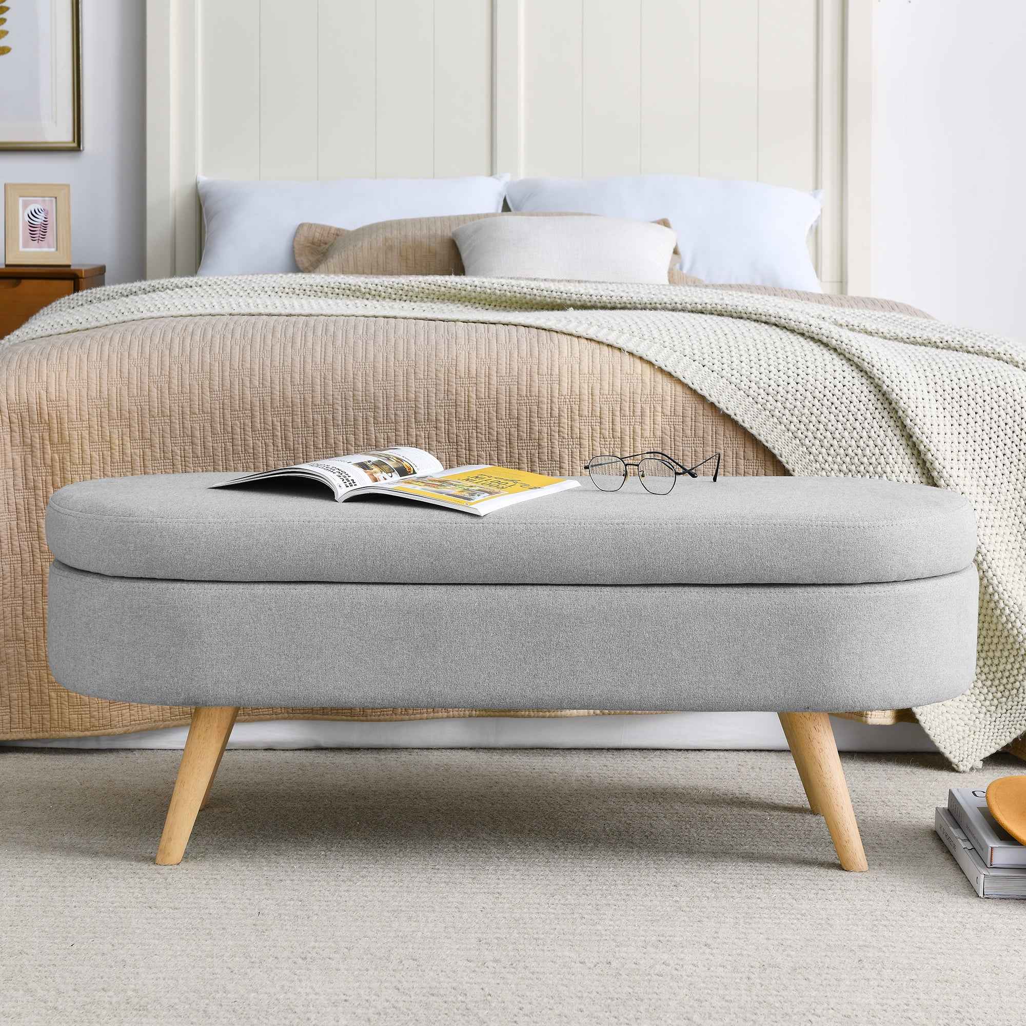 Ottoman Oval Storage Bench with Rubber Wood Legs, Grey Linen, 43.5'x16'x16'