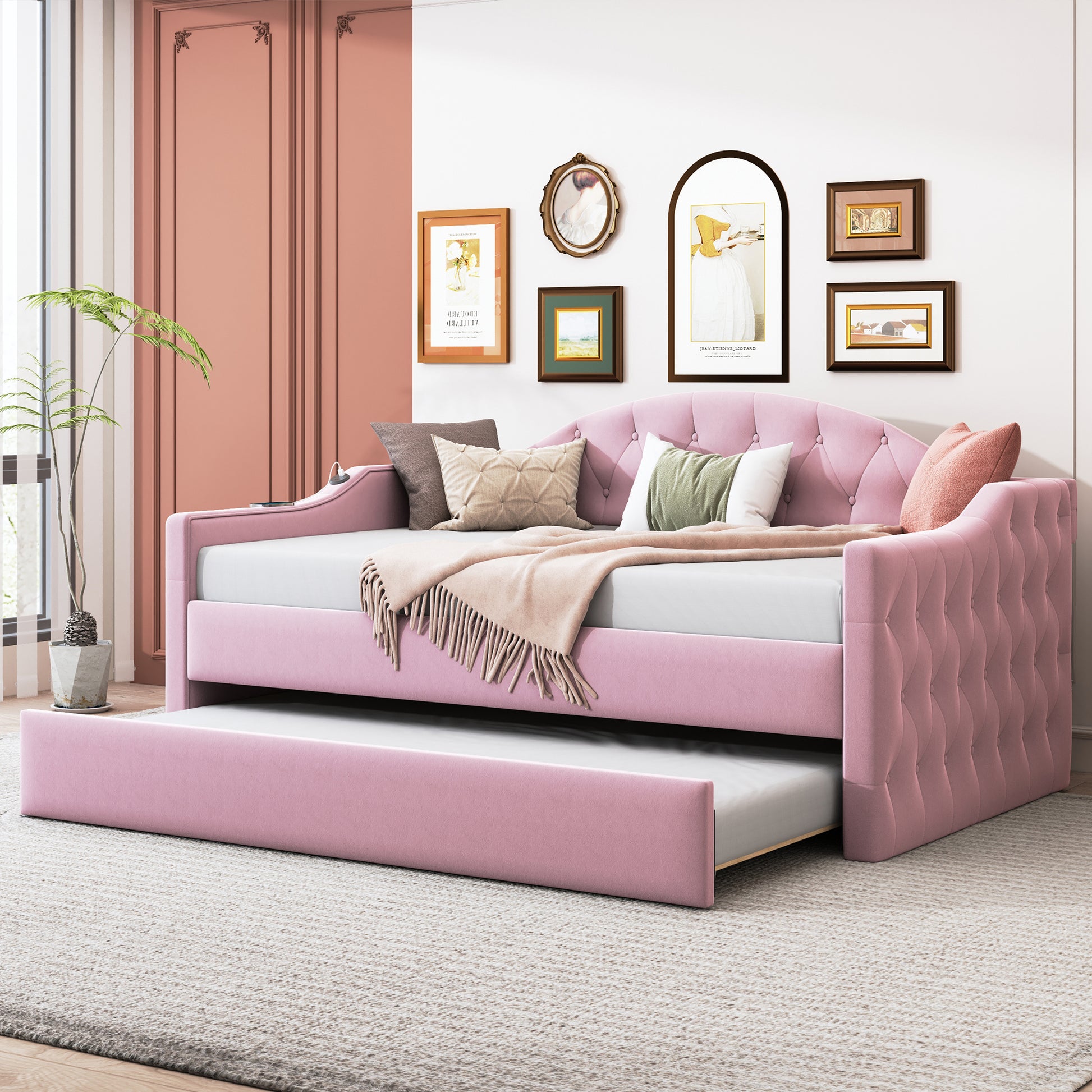 Twin Size Tufted Upholstered Daybed with Trundle ,Velvet Sofabed with USB&Type-C Charging Ports,No Box-spring Needed, Pink - Abrihome