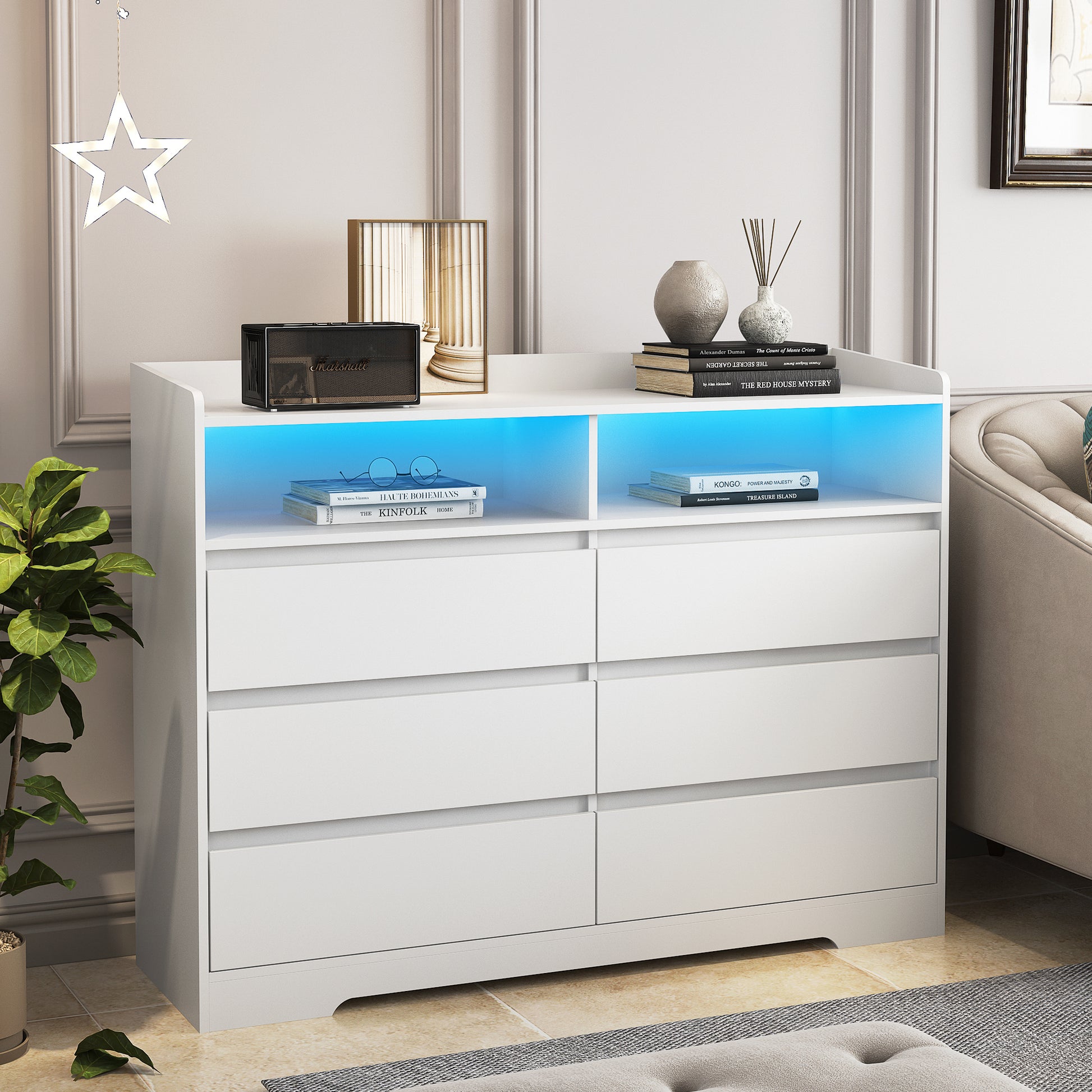 6 Drawer Dresser, White Dresser for Bedroom with LED Lights, Modern Dressers & Chests of Drawers with Sturdy Frame for Living Room, Entryway, Hallway - Abrihome