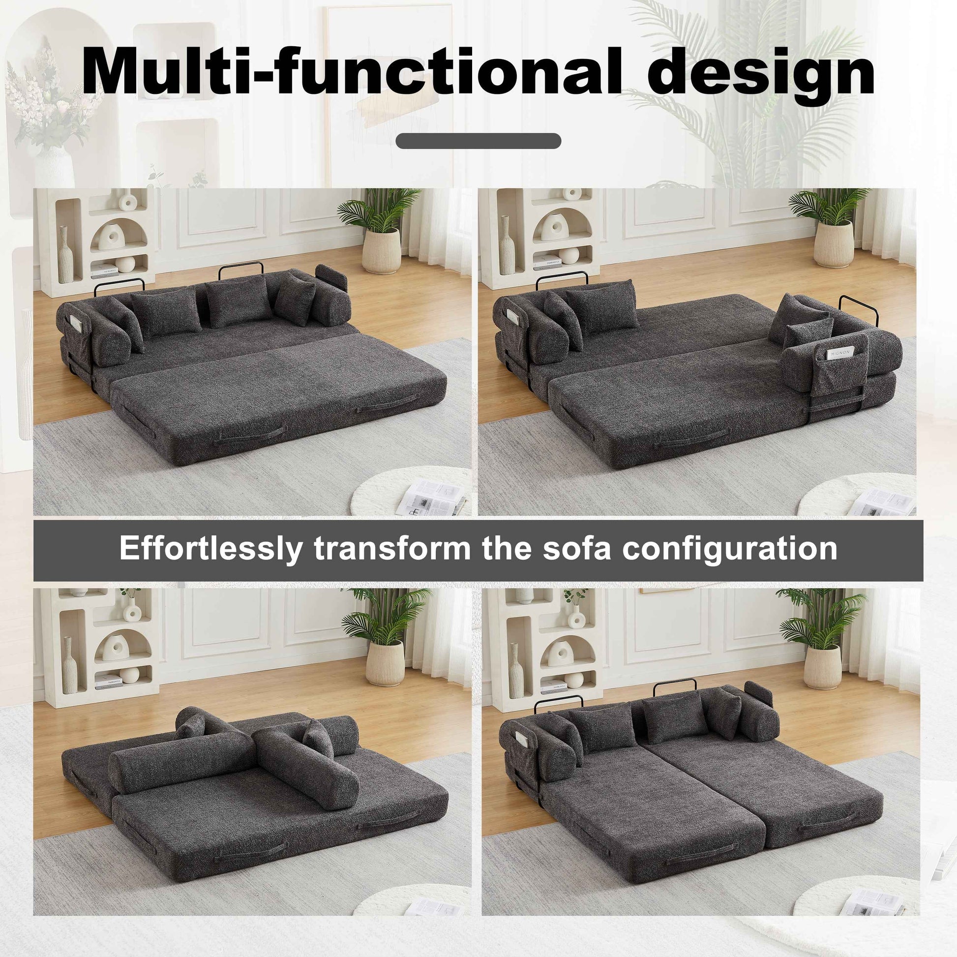 78.7-Inch Convertible Sleeper Sofa Bed with Cylindrical Pillow, Chenille Folding Mattress Couch with ,Folding Sofa Bed with Side Pocket, Floor Sofa Lounge Couch for Living Room Bedroom Lounge Studio
