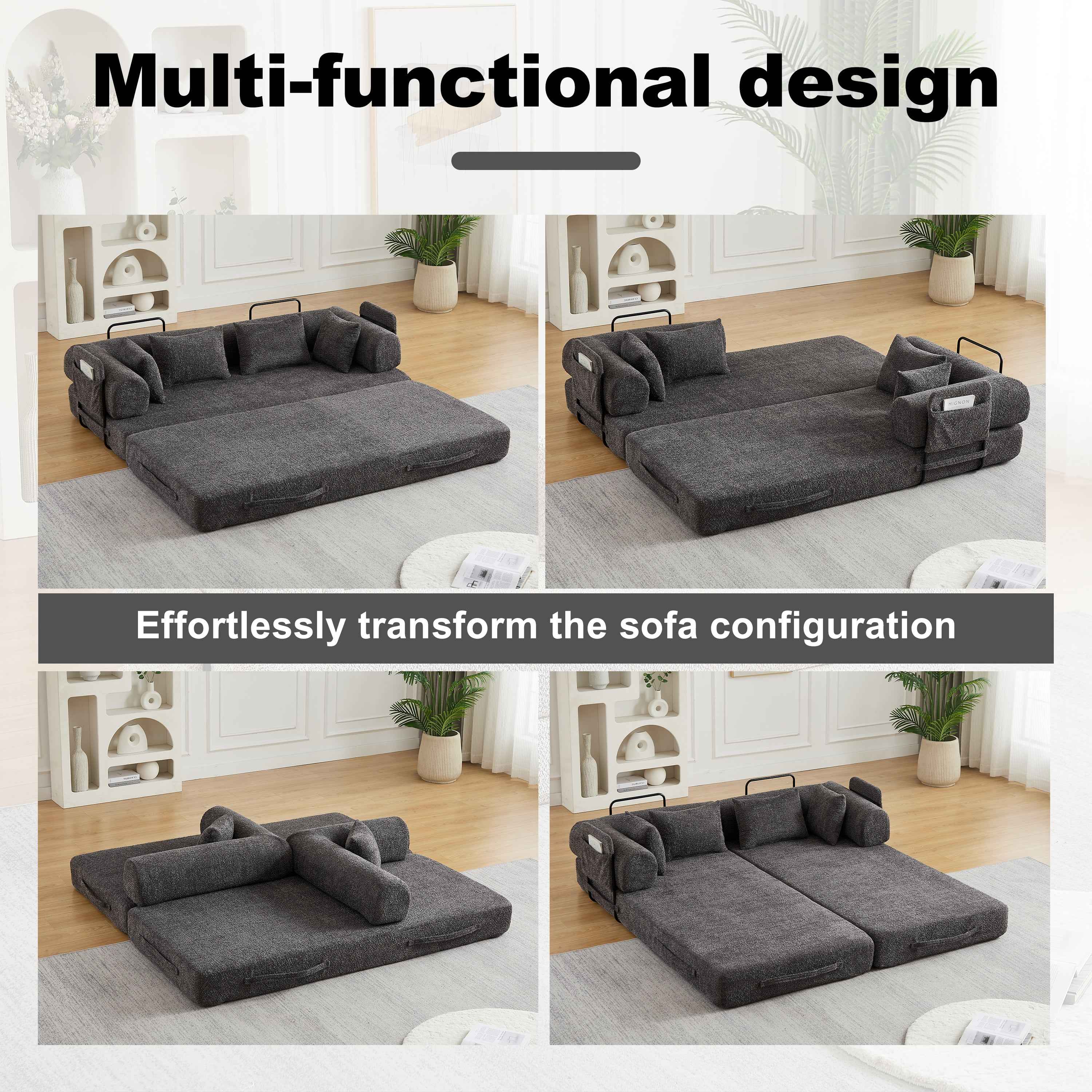78.7-Inch Convertible Sleeper Sofa Bed with Cylindrical Pillow, Chenille Folding Mattress Couch with ,Folding Sofa Bed with Side Pocket, Floor Sofa Lounge Couch for Living Room Bedroom Lounge Studio