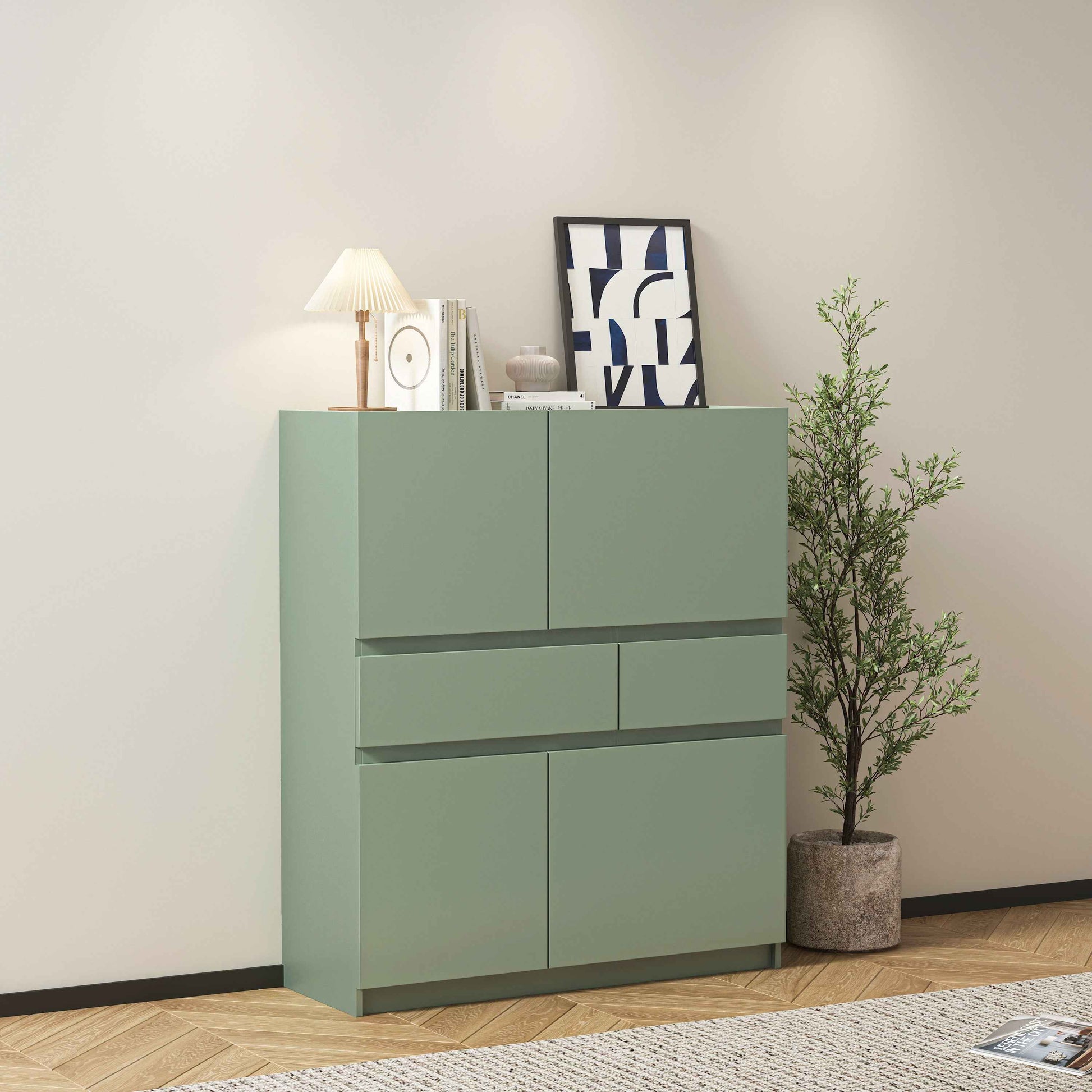 Green wooden storage cabinet with 4 doors and 2 drawers