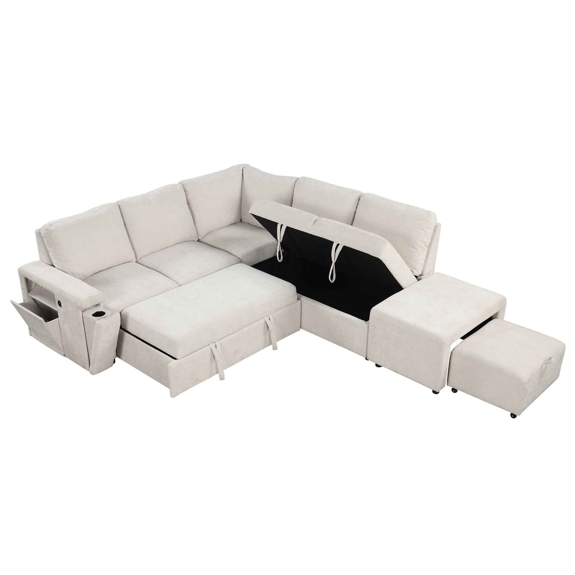 U_STYLE  L-shaped Padded Modular Sofa with Storage Space, USB Ports, and Cup Holders on the Armrests, Suitable for Living Rooms, Offices, and Apartments.