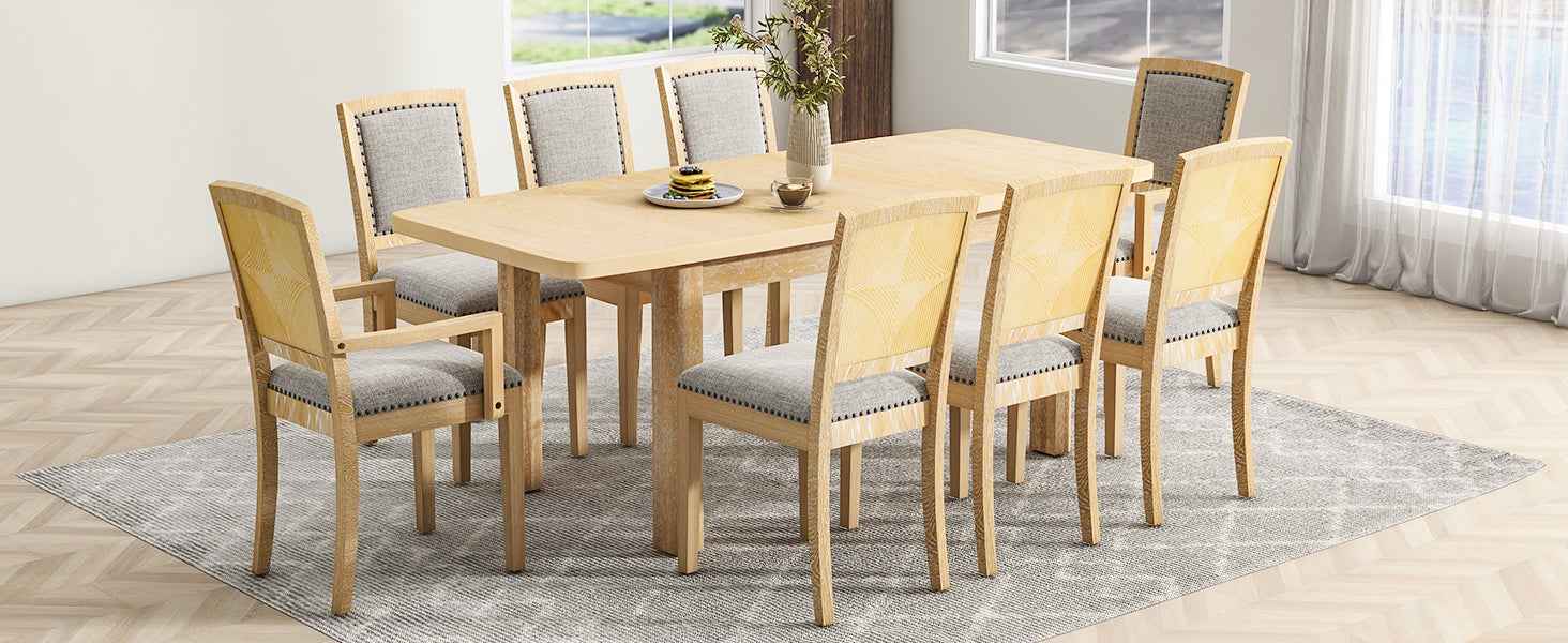 TOPMAX Rustic Extendable Dining Table Set with Removable Leaf, 6 Upholstered Armless Dining Chairs and 2 Padded Arm Chairs, Natural