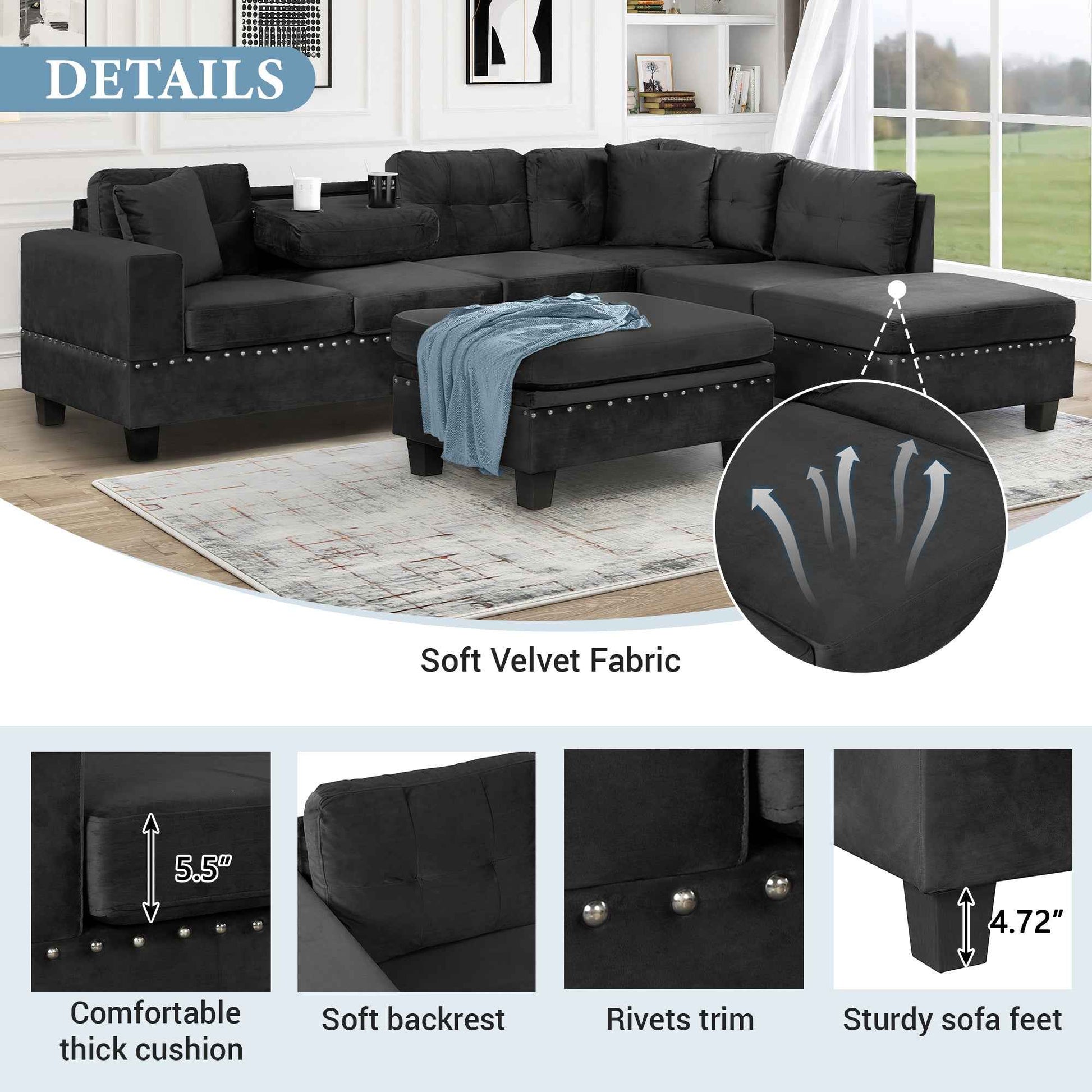 Modern Sectional Sofa with Storage Ottoman, L-Shape Couch with 2 Pillows and Cup Holders, Black Velvet, 105'