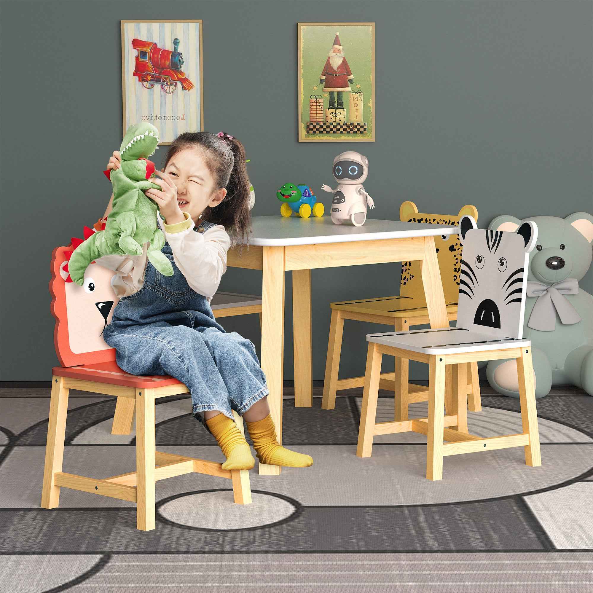 Kids Wood Table and Chair Set with Cartoon Animals Design, White Solid Wood & MDF Furniture for Ages 3-8, 5-Piece Table and Chair Set