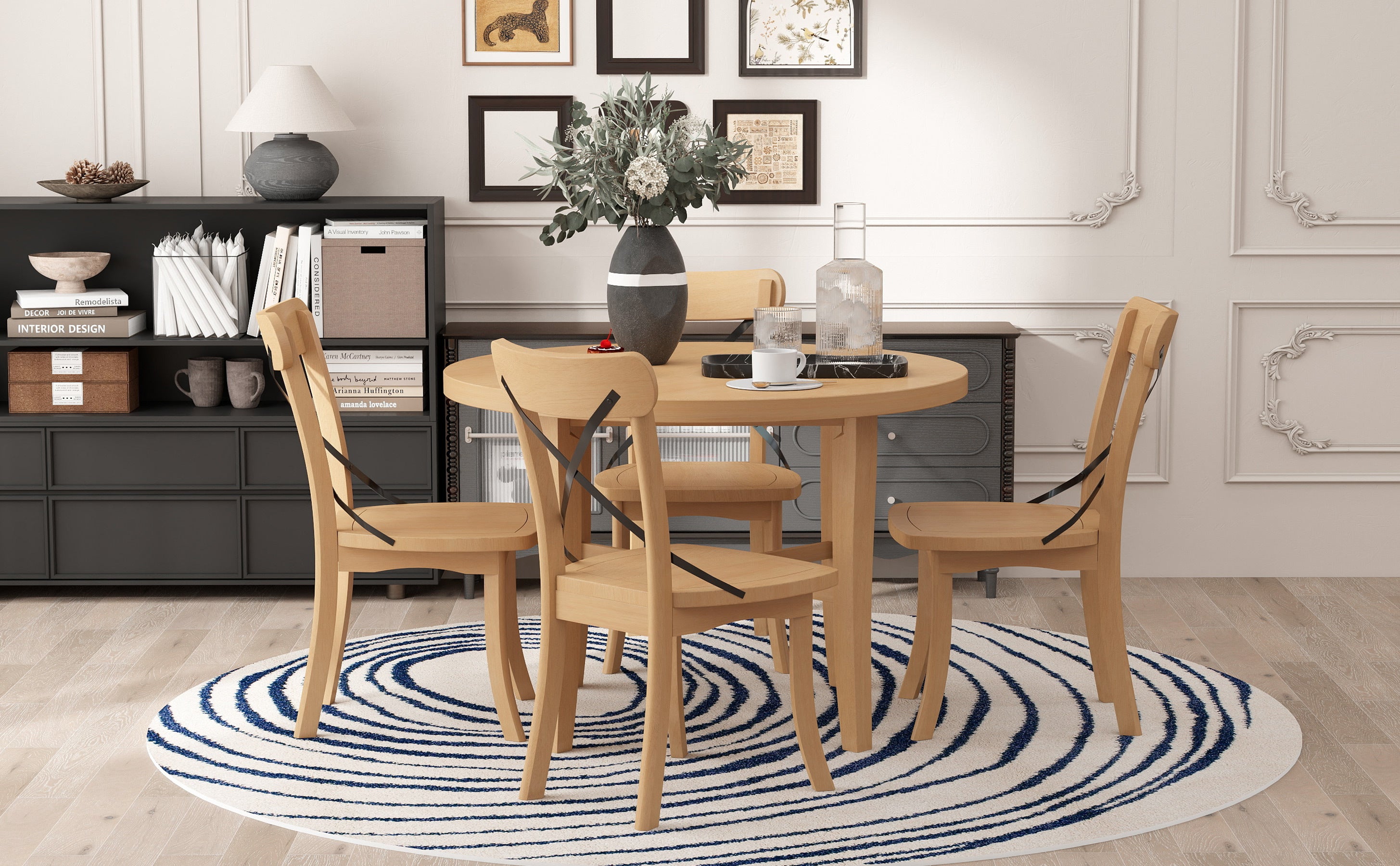 TREXM 5-piece Dining Set, Retro Simple Round Table and 4 Chairs with X-shaped Backrest for Kitchen, Dining Room and Living Room (Natural)