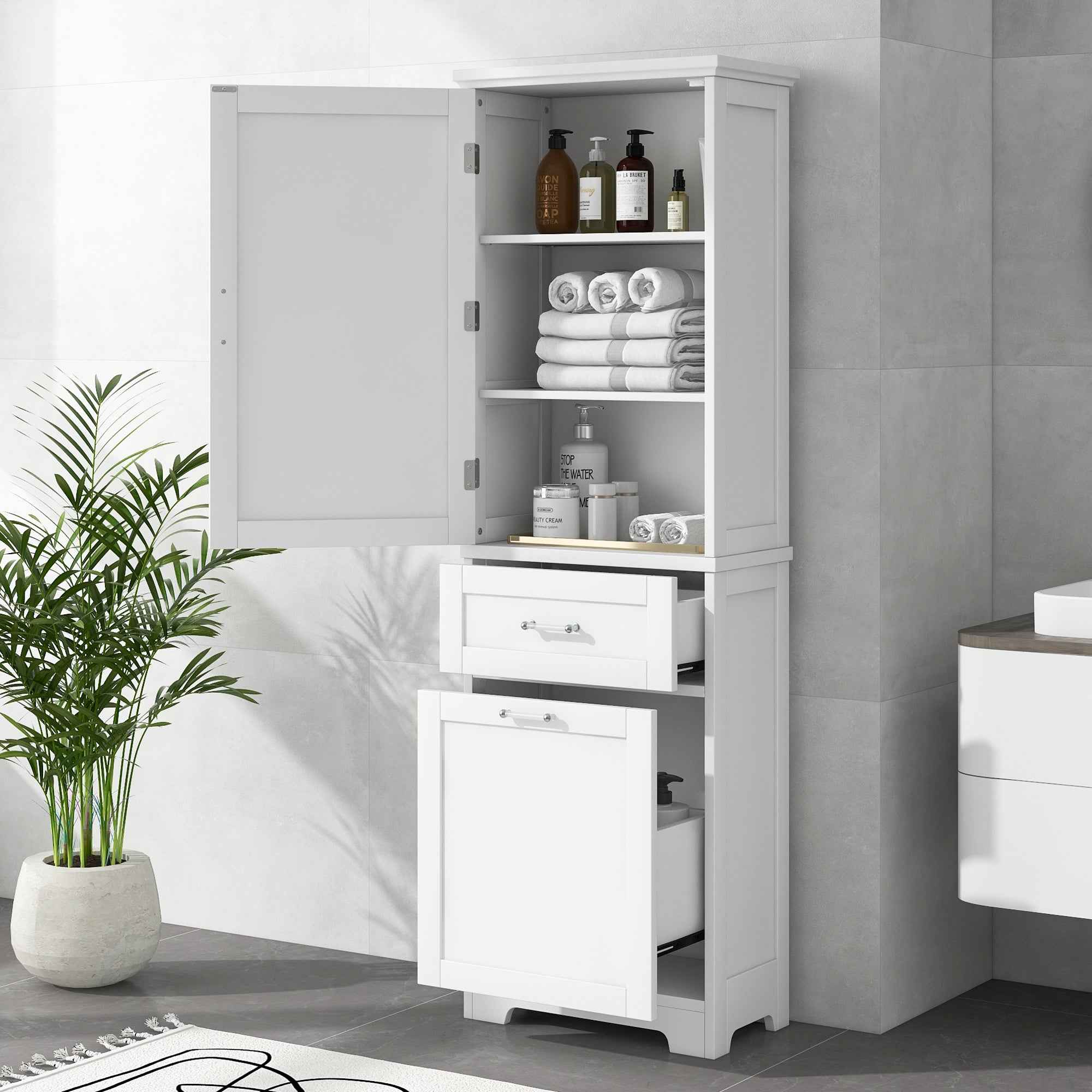 Tall Bathroom Storage Cabinet, Freestanding Storage Cabinet with Two Different Size Drawers and Adjustable Shelf, MDF Board with Painted Finish, White (Old Sku:WF312730AAK)