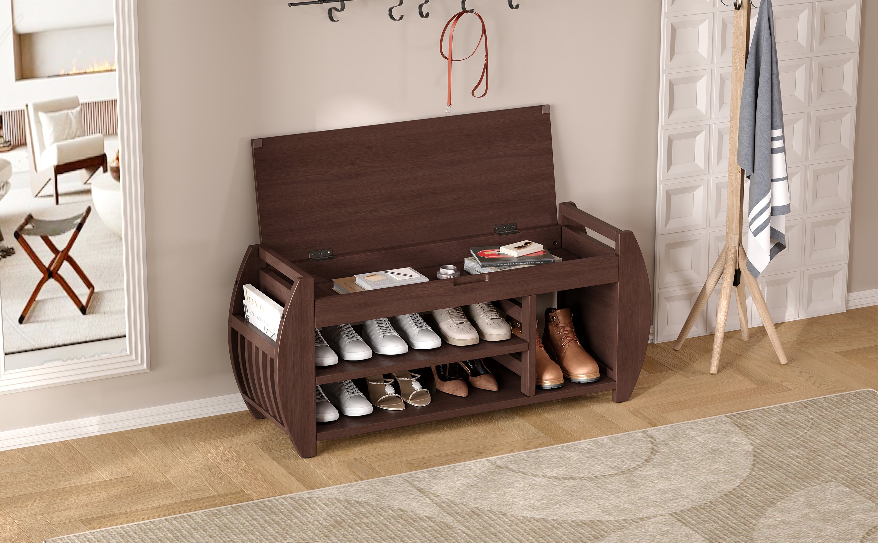 TREXM Retro Multifunctional Storage Bench with Cushion and Curved Side Panel for Entrance and Living Room (Espresso)