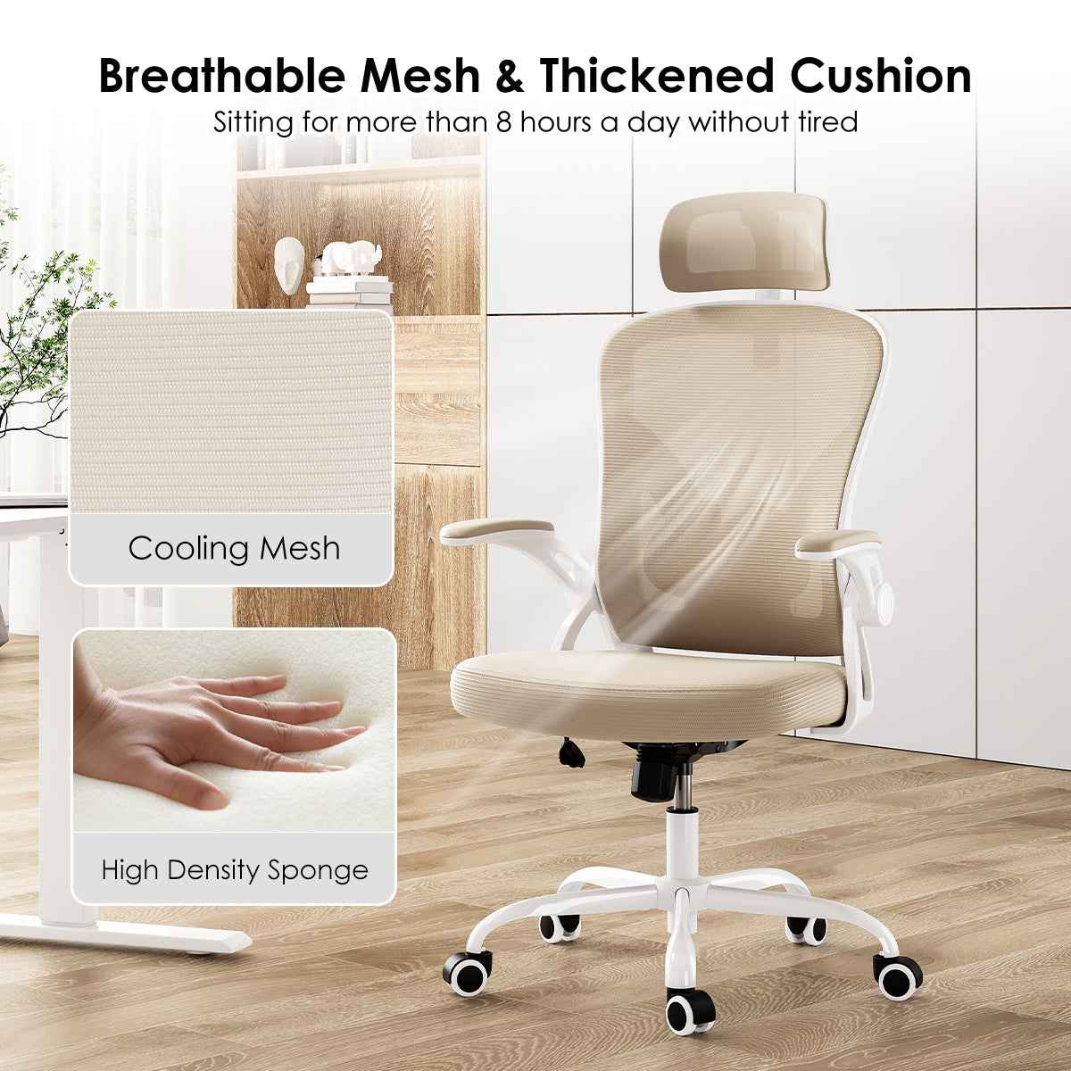 Ergonomic Office Chair, Home Office Desk Chair with Headrest, High Back Computer Chair with Armrests and Adjustable Lumbar Support for Home Office Study Room,White & Khaki