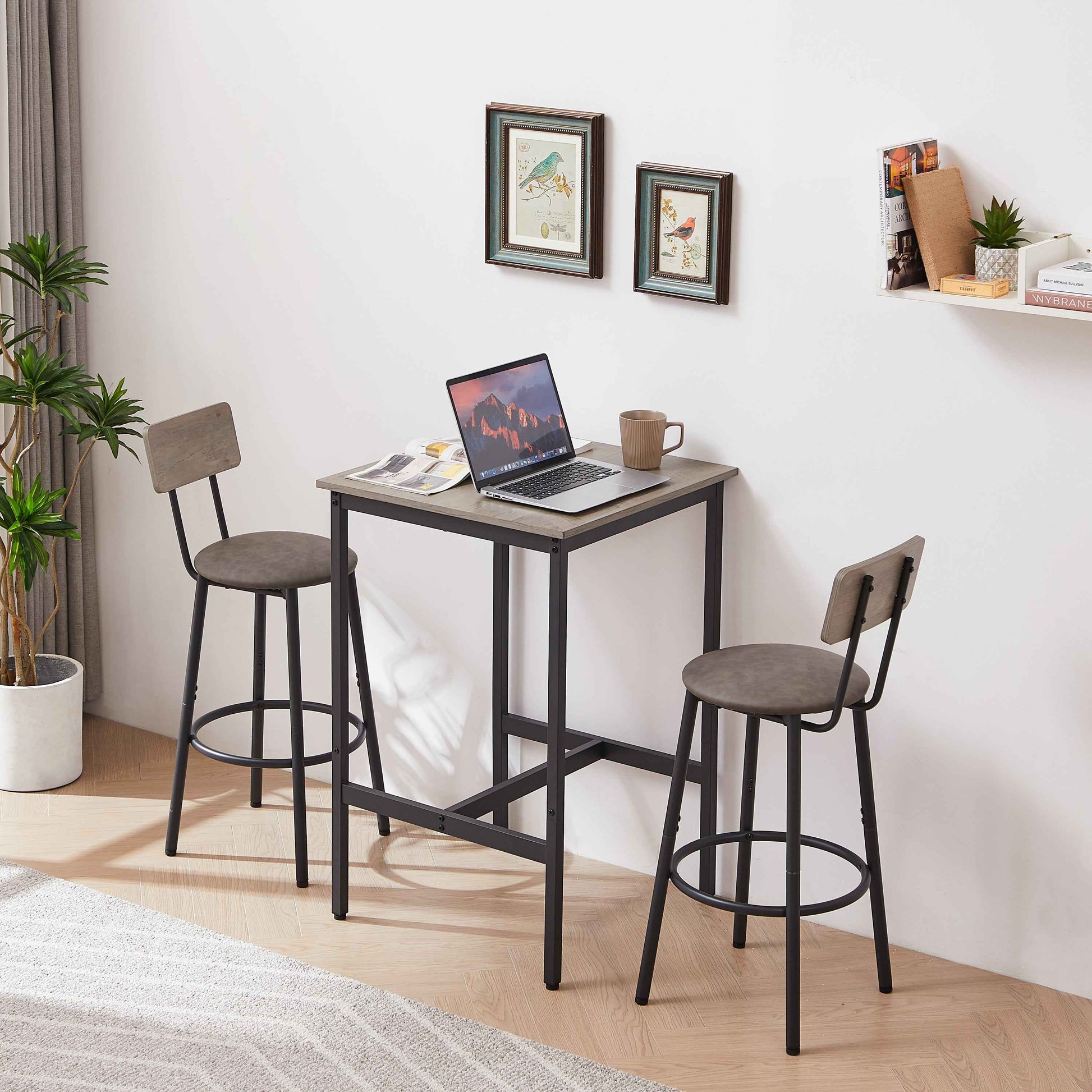Bar Table Set with 2 Bar stools PU Soft seat with backrest, Grey, 23.62'' W x 23.62'' D x 35.43'' H