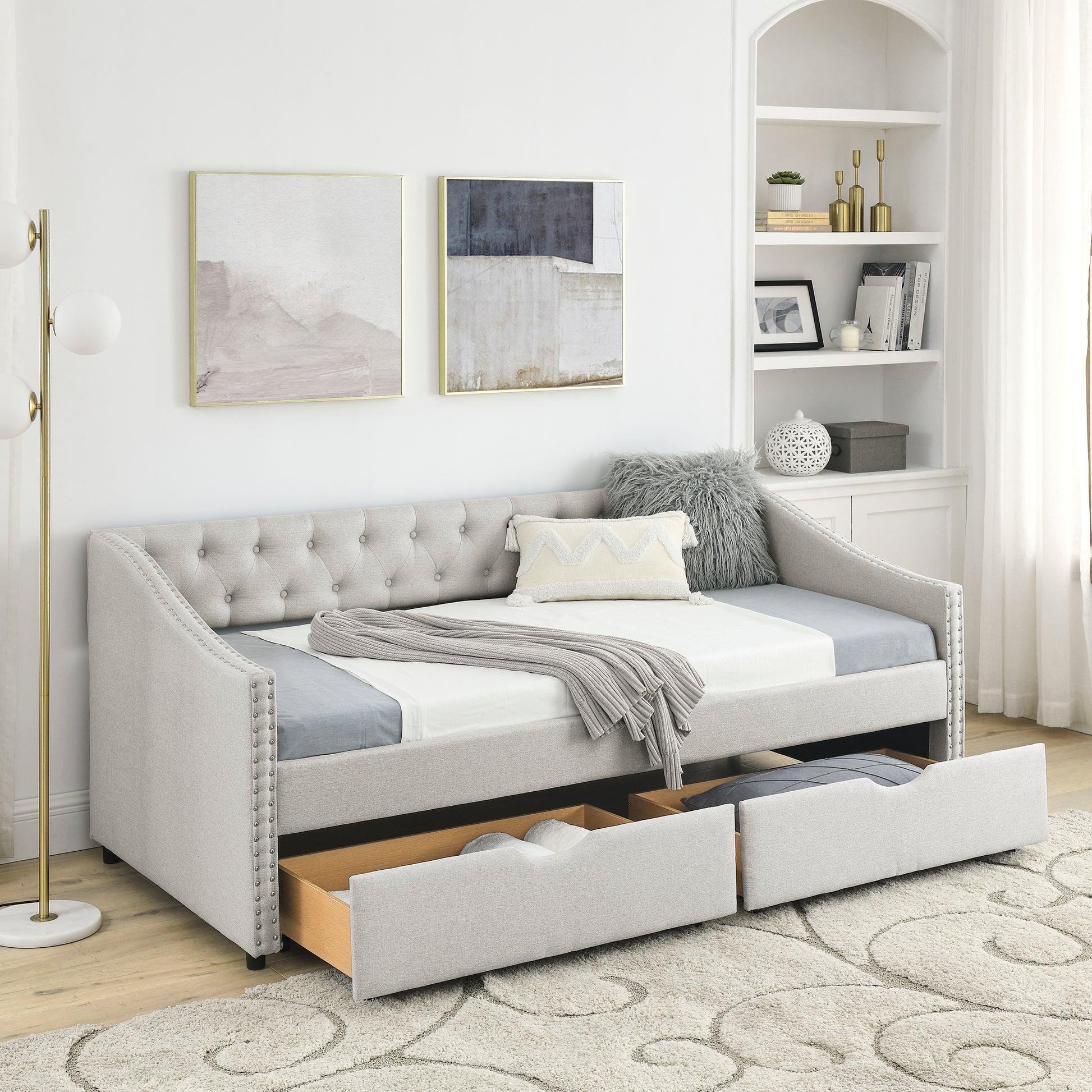 Twin Size Daybed with Drawers Upholstered Tufted Sofa Bed, with Button on Back and Copper Nail on Waved Shape Arms, Beige(81.5''x41''x30.5'') - Abrihome