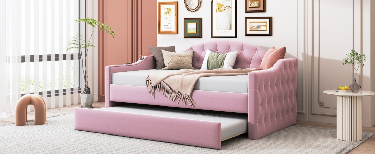 Twin Size Tufted Upholstered Daybed with Trundle ,Velvet Sofabed with USB&Type-C Charging Ports,No Box-spring Needed, Pink - Abrihome