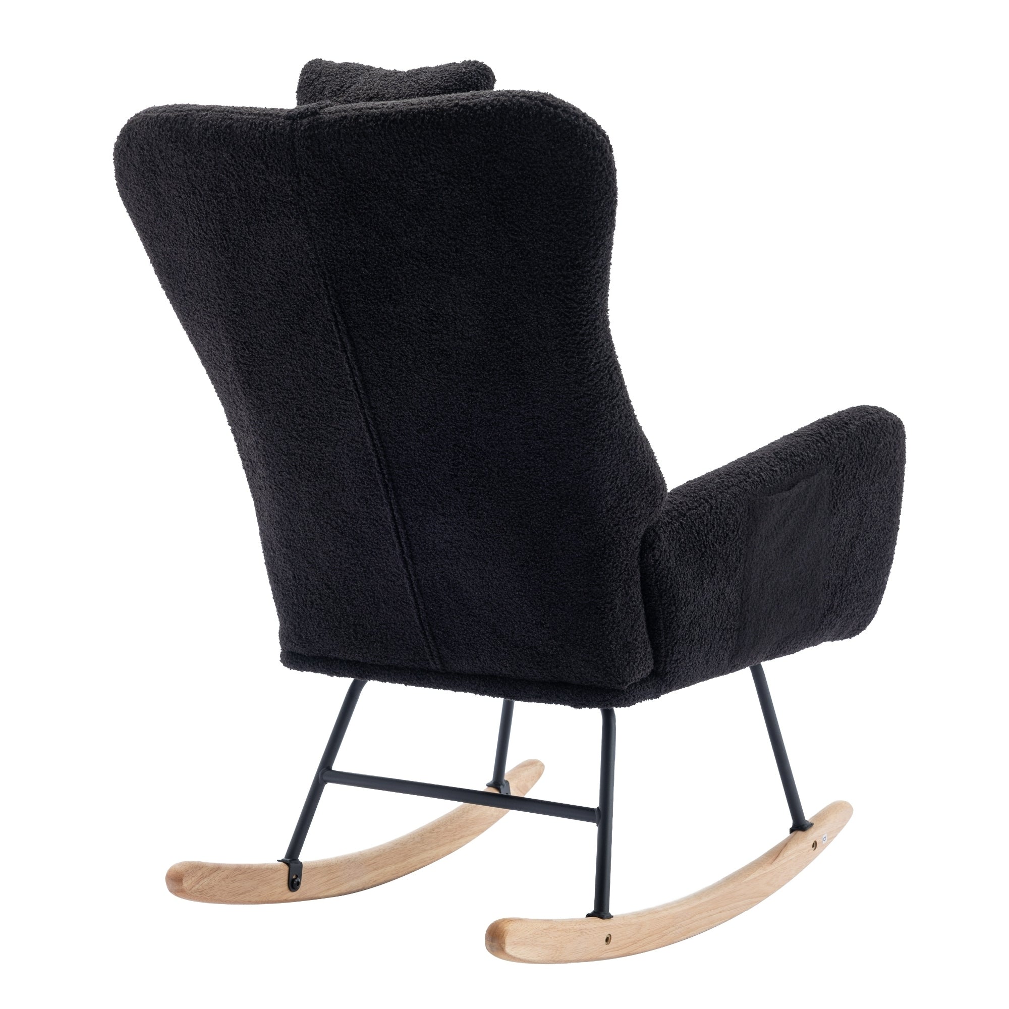 35.5 inch Rocking Chair with Pocket, Soft Teddy Fabric Rocking Chair for Nursery, Comfy Wingback Glider Rocker with Safe Solid Wood Base for Living Room Bedroom Balcony (black)