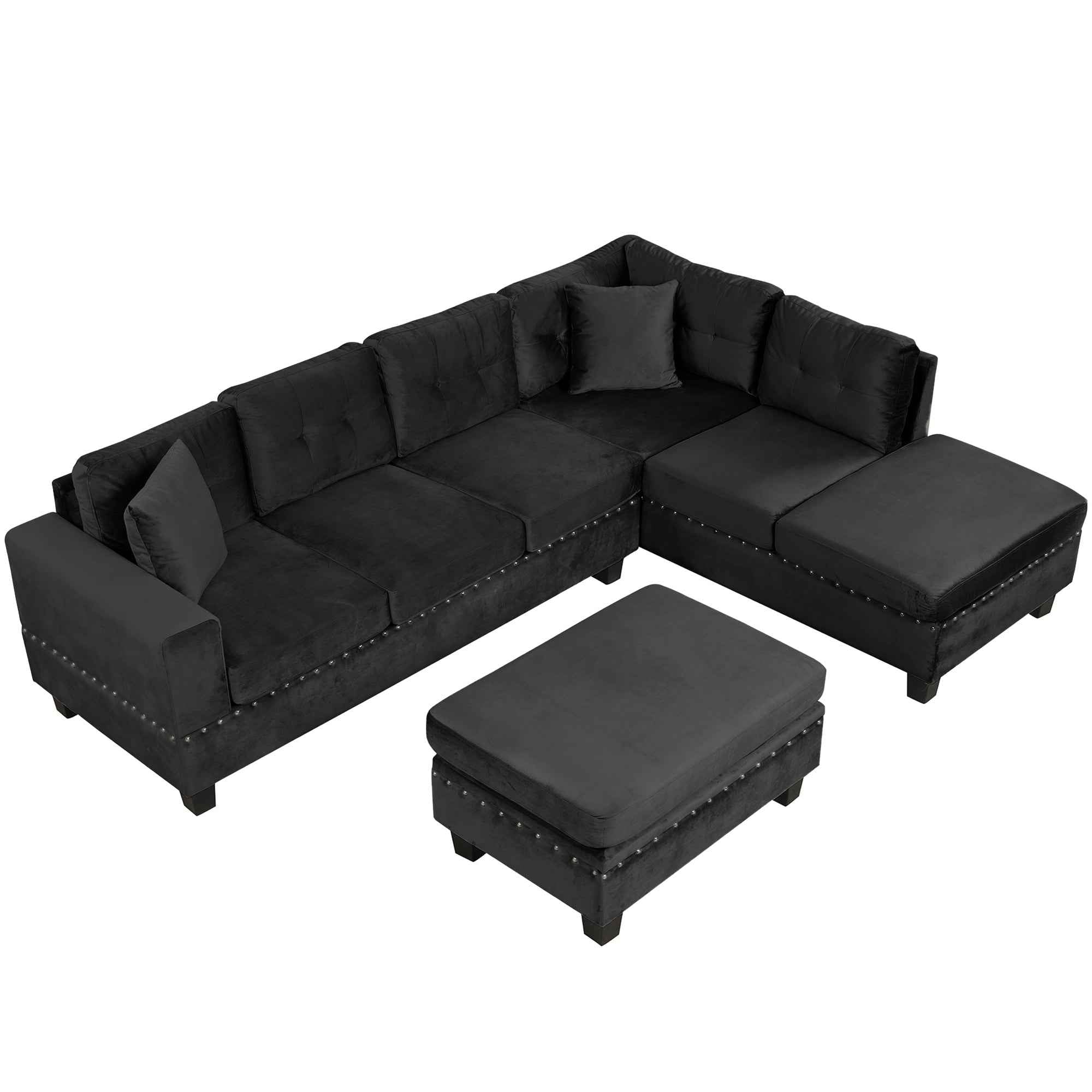 Modern Sectional Sofa with Storage Ottoman, L-Shape Couch with 2 Pillows and Cup Holders, Black Velvet, 105'
